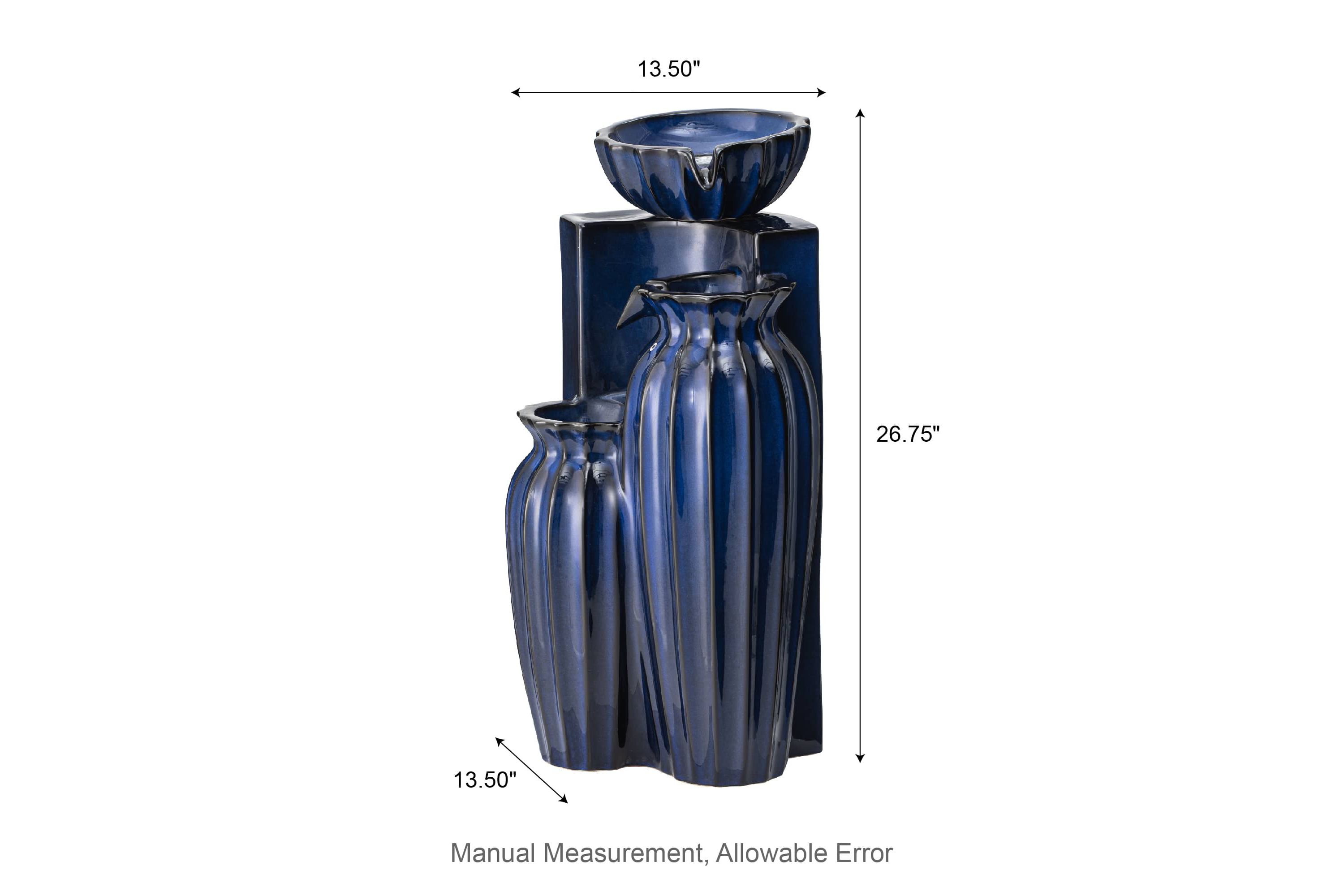 26.75"H 3-Tiered Cobalt Blue Fluted Texture Ceramic Outdoor Floor Fountain with Pump and LED Light (KD)