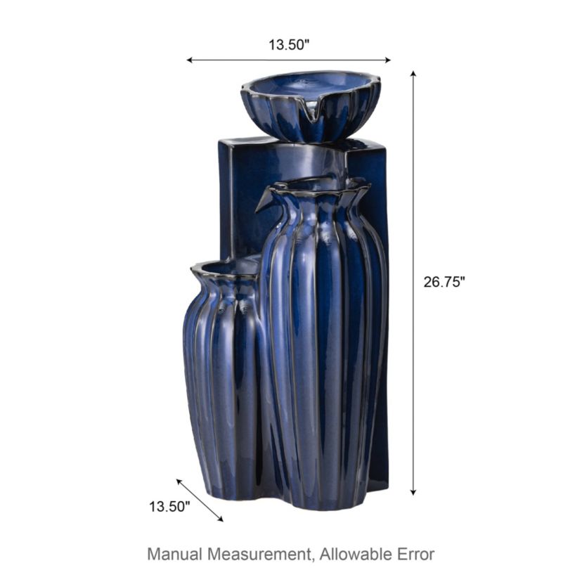 26.75"H 3-Tiered Cobalt Blue Fluted Texture Ceramic Outdoor Floor Fountain with Pump and LED Light (KD)