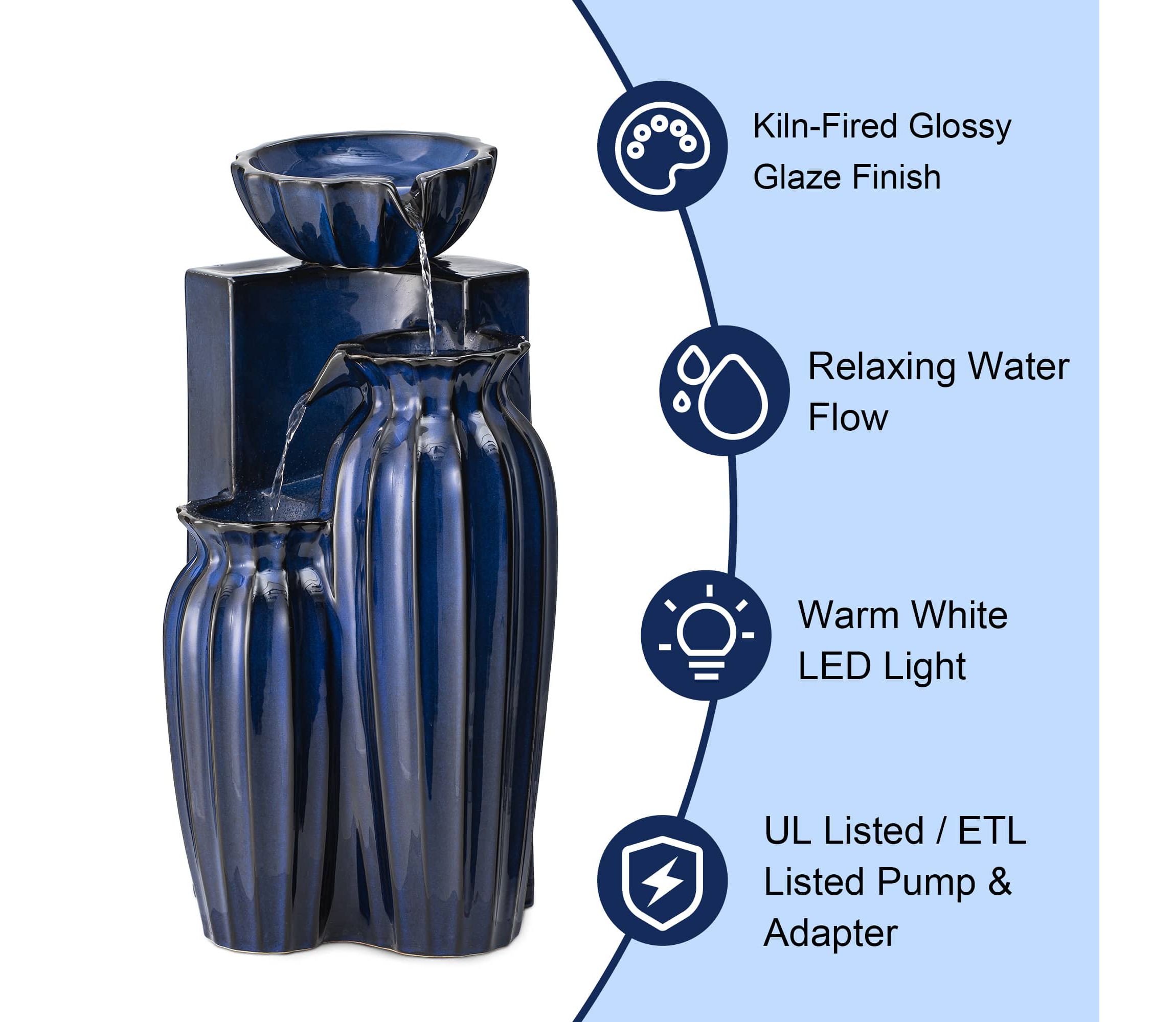 26.75"H 3-Tiered Cobalt Blue Fluted Texture Ceramic Outdoor Floor Fountain with Pump and LED Light (KD)