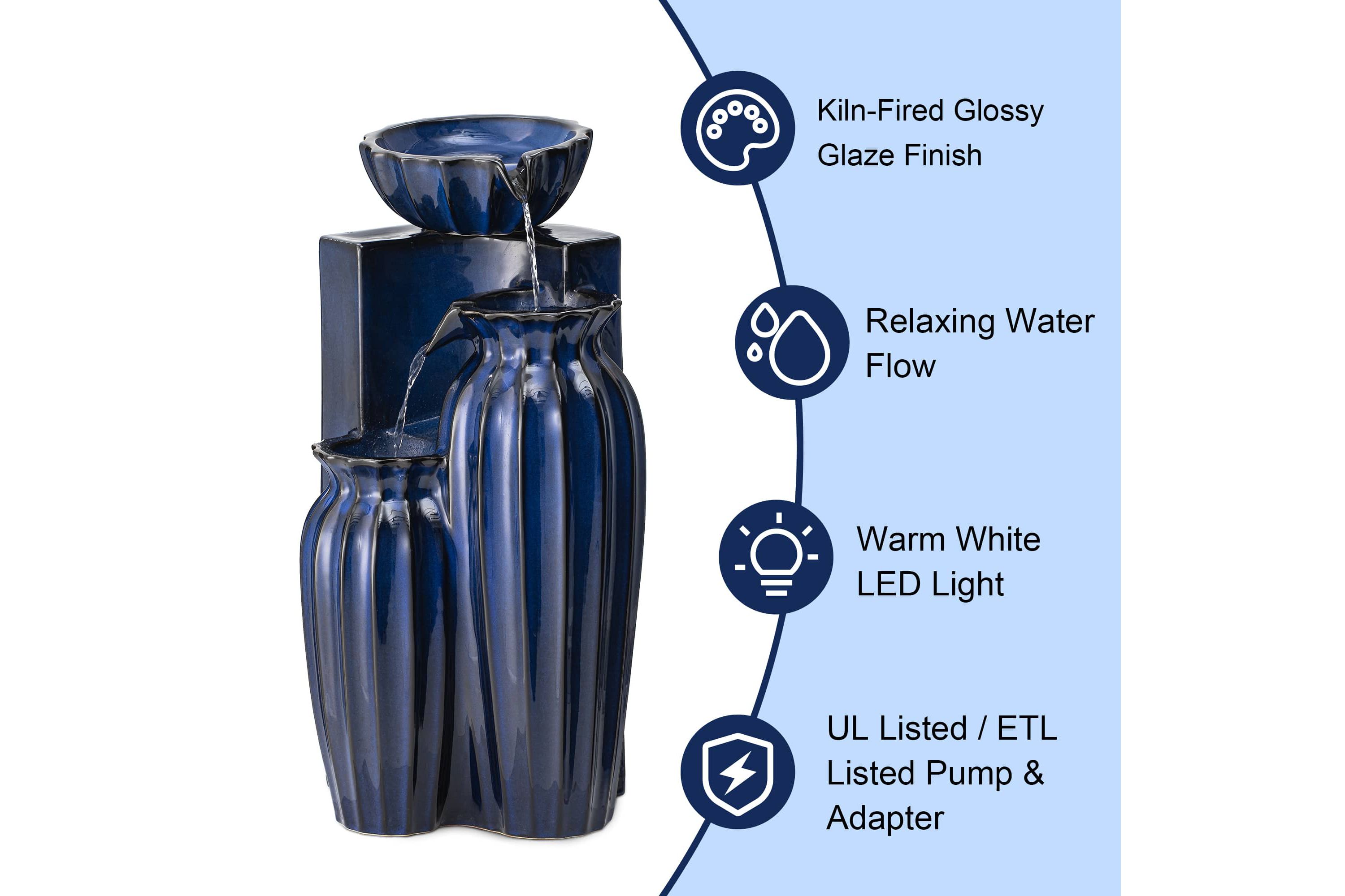 26.75"H 3-Tiered Cobalt Blue Fluted Texture Ceramic Outdoor Floor Fountain with Pump and LED Light (KD)