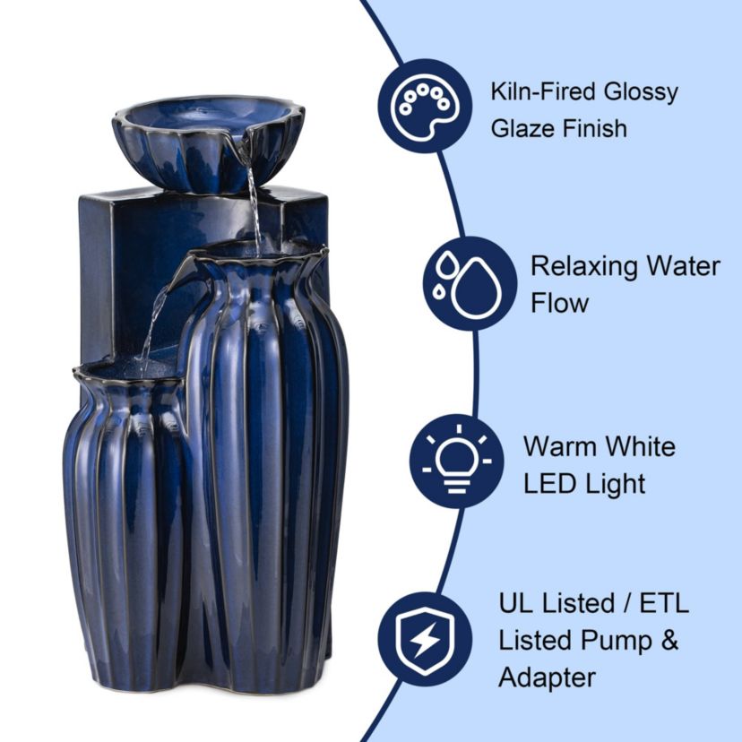 26.75"H 3-Tiered Cobalt Blue Fluted Texture Ceramic Outdoor Floor Fountain with Pump and LED Light (KD)