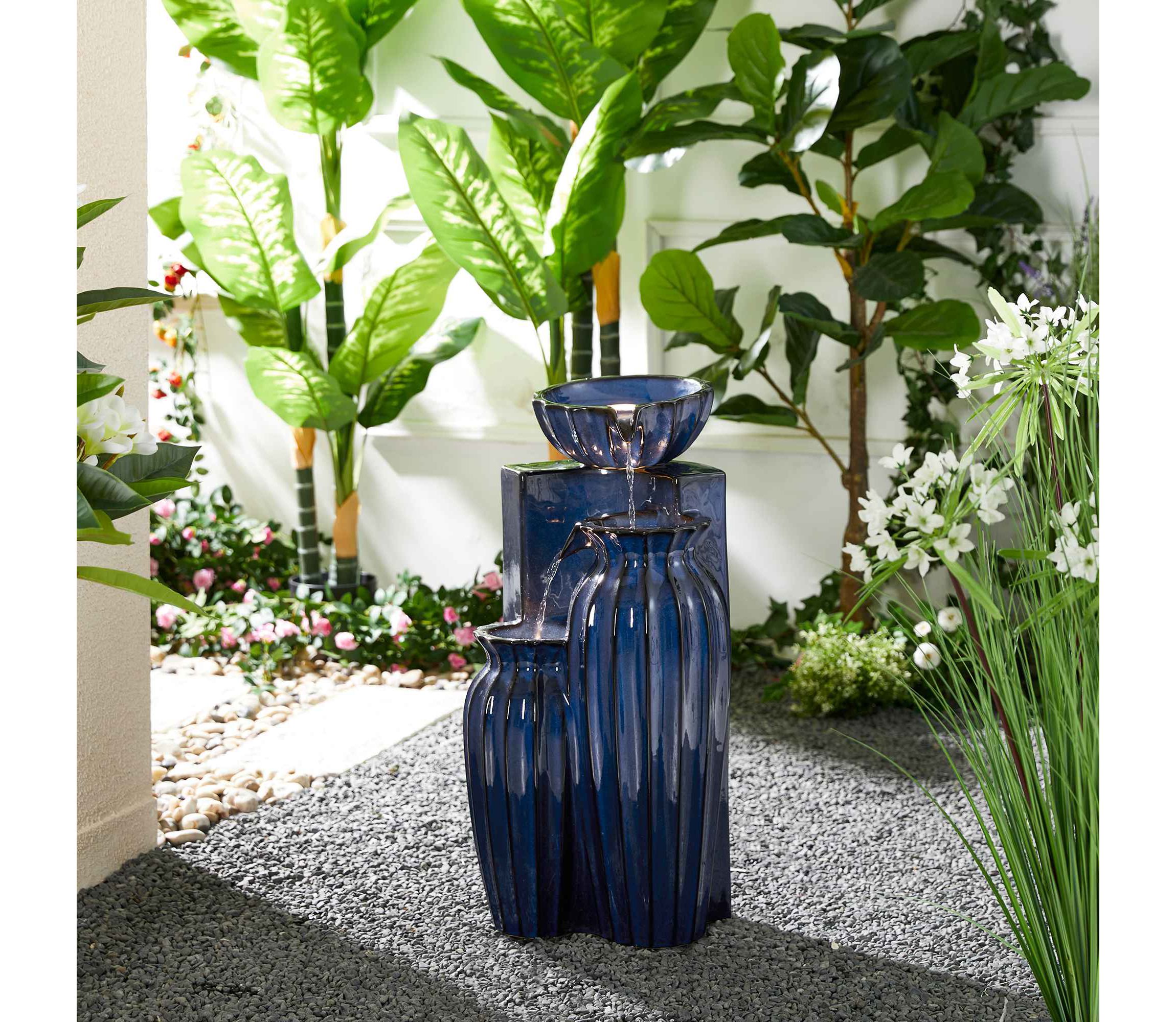 26.75"H 3-Tiered Cobalt Blue Fluted Texture Ceramic Outdoor Floor Fountain with Pump and LED Light (KD)