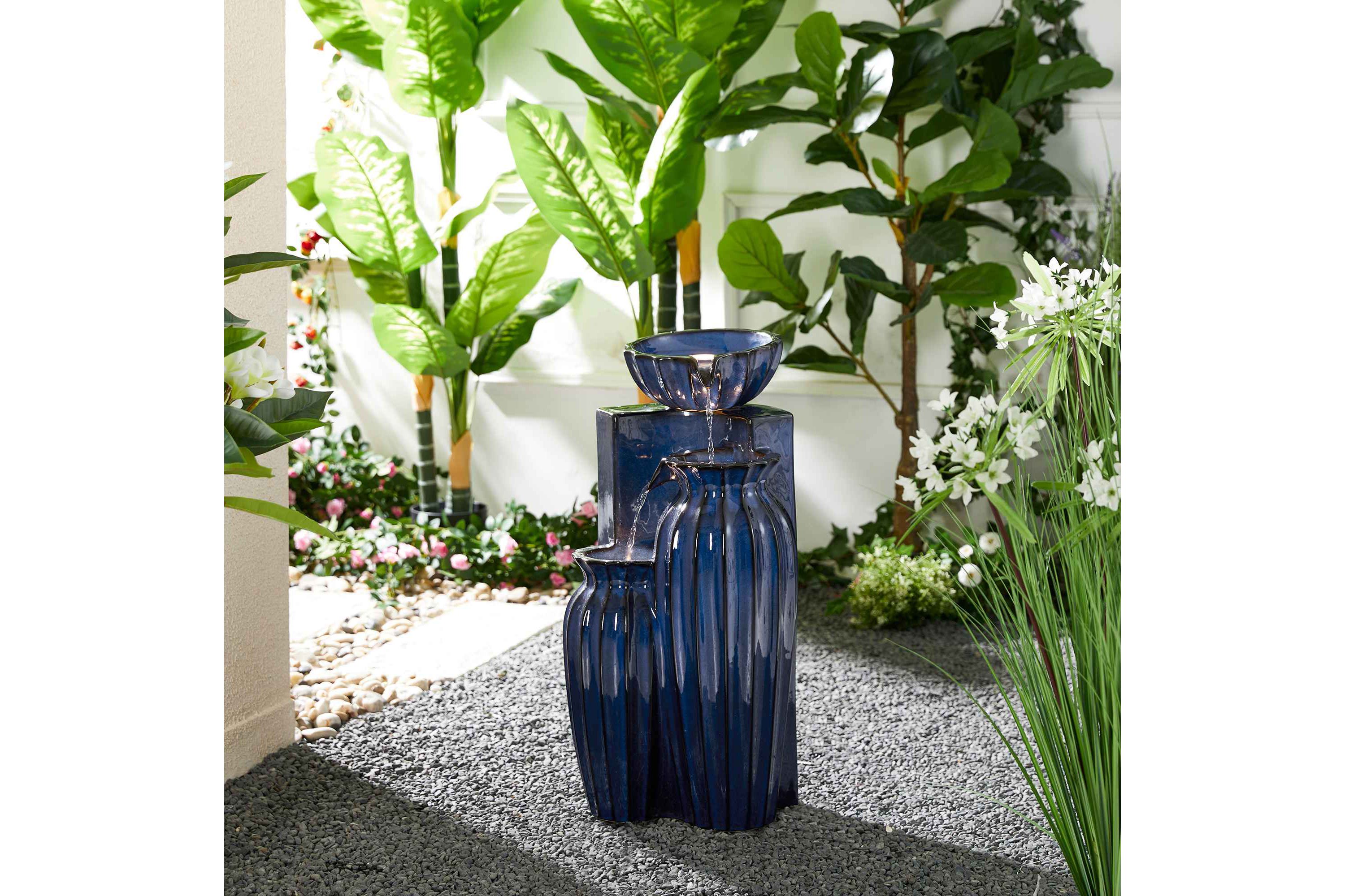 26.75"H 3-Tiered Cobalt Blue Fluted Texture Ceramic Outdoor Floor Fountain with Pump and LED Light (KD)