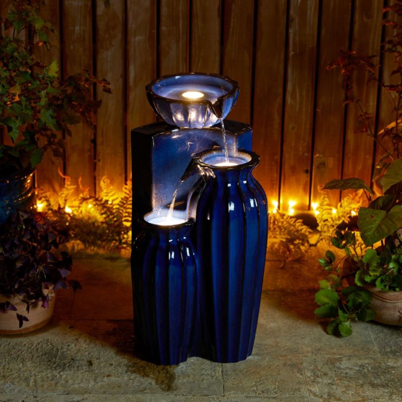 26.75"H 3-Tiered Cobalt Blue Fluted Texture Ceramic Outdoor Floor Fountain with Pump and LED Light (KD)