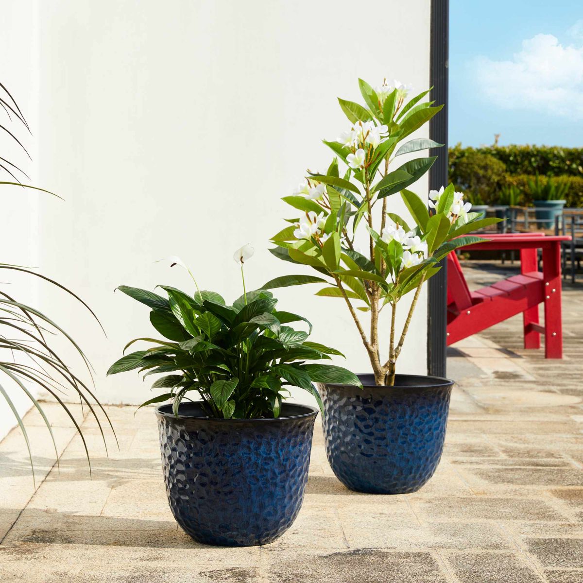 15.25"D Set of 2 Honeycomb Textured Cobalt Blue Faux Ceramic Pot Plastic Planter