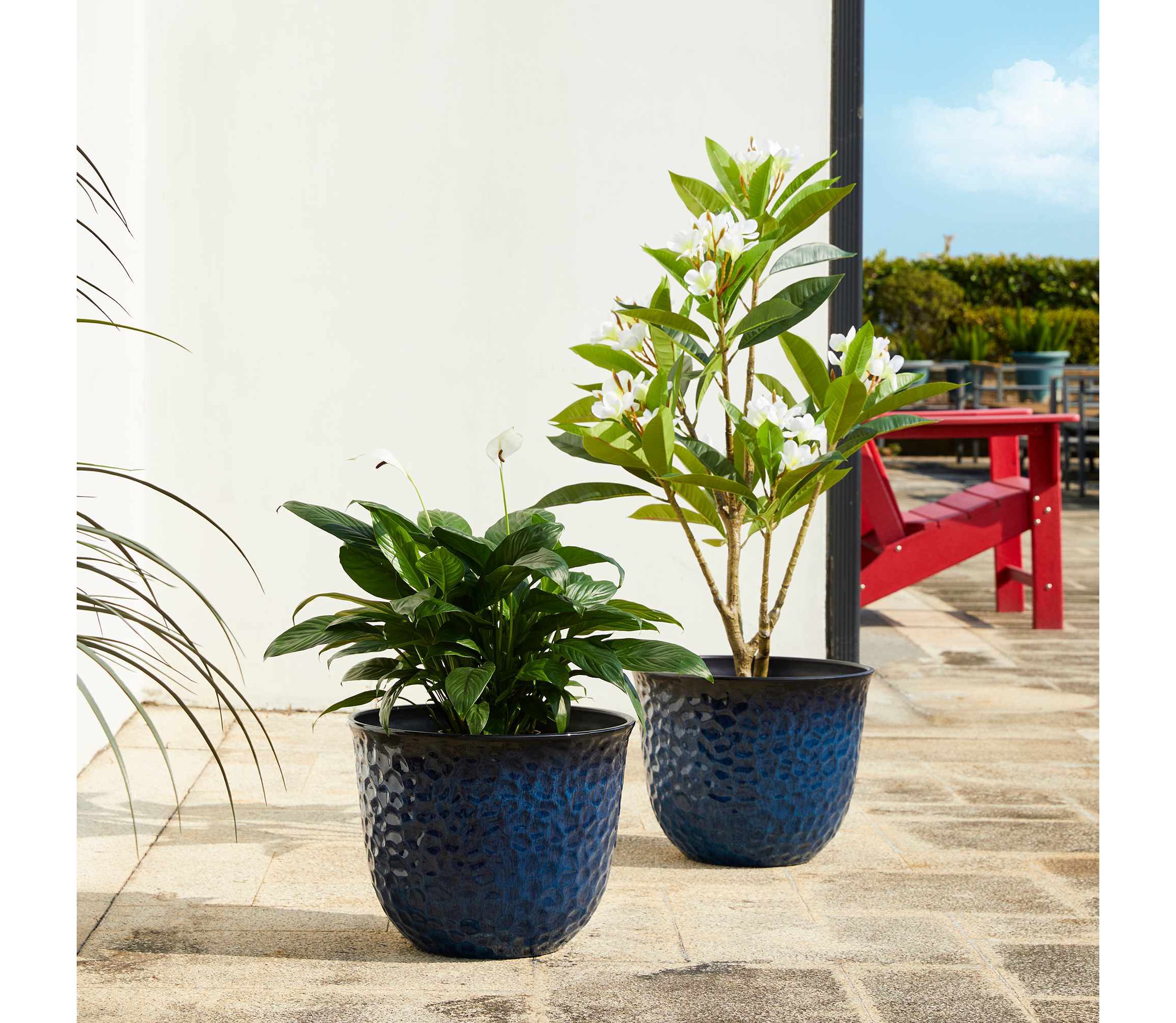 15.25"D Set of 2 Honeycomb Textured Cobalt Blue Faux Ceramic Pot Plastic Planter