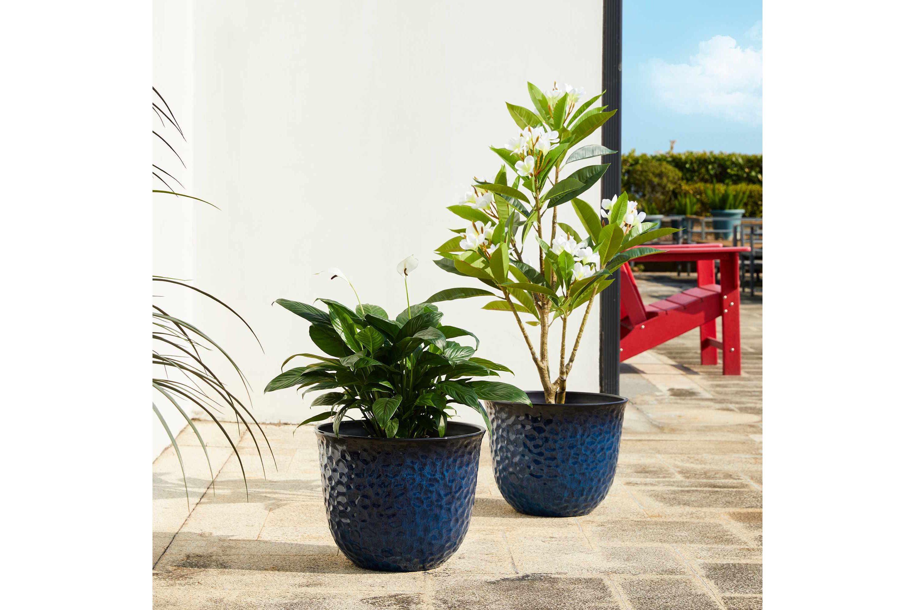 15.25"D Set of 2 Honeycomb Textured Cobalt Blue Faux Ceramic Pot Plastic Planter
