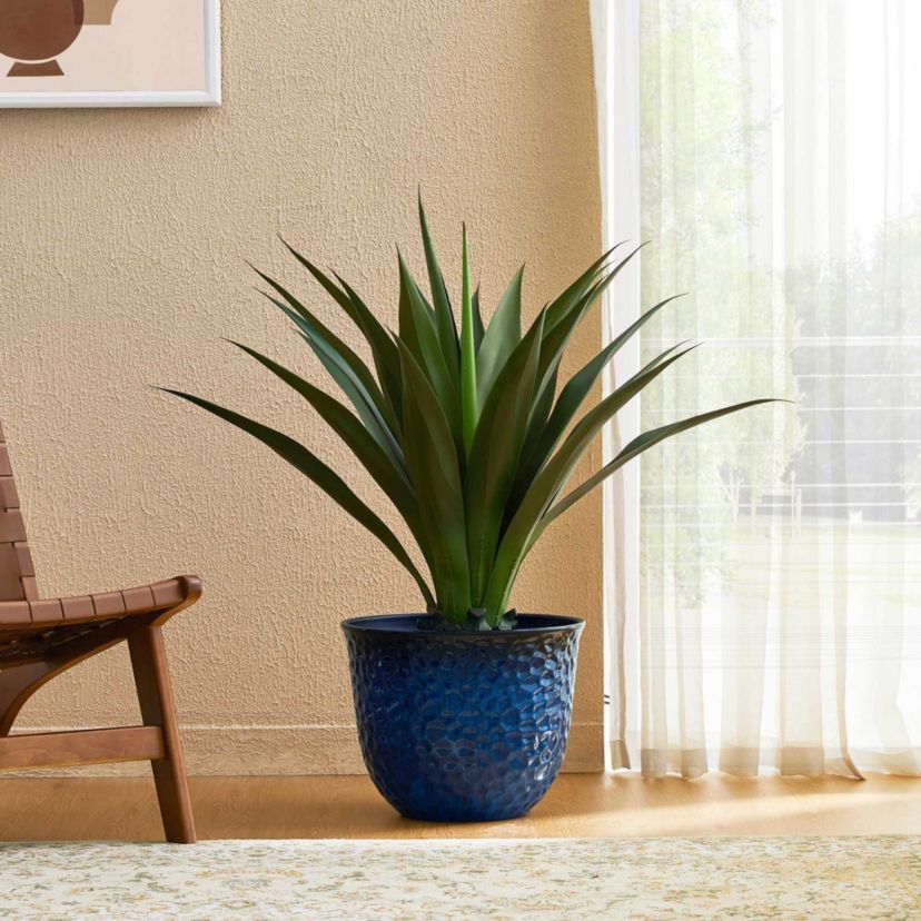15.25"D Set of 2 Honeycomb Textured Cobalt Blue Faux Ceramic Pot Plastic Planter