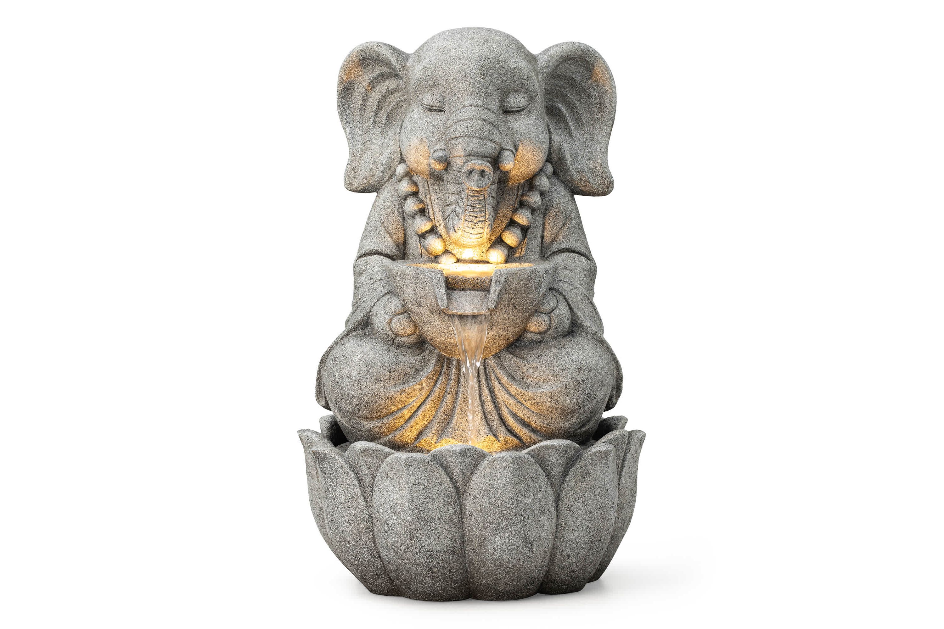 21.75"H 2-Tiered Zen-Style Concrete Elephant Polyresin Outdoor Fountain with Pump and LED Light (KD)