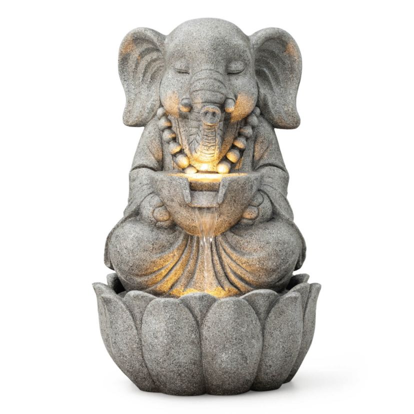 21.75"H 2-Tiered Zen-Style Concrete Elephant Polyresin Outdoor Fountain with Pump and LED Light (KD)