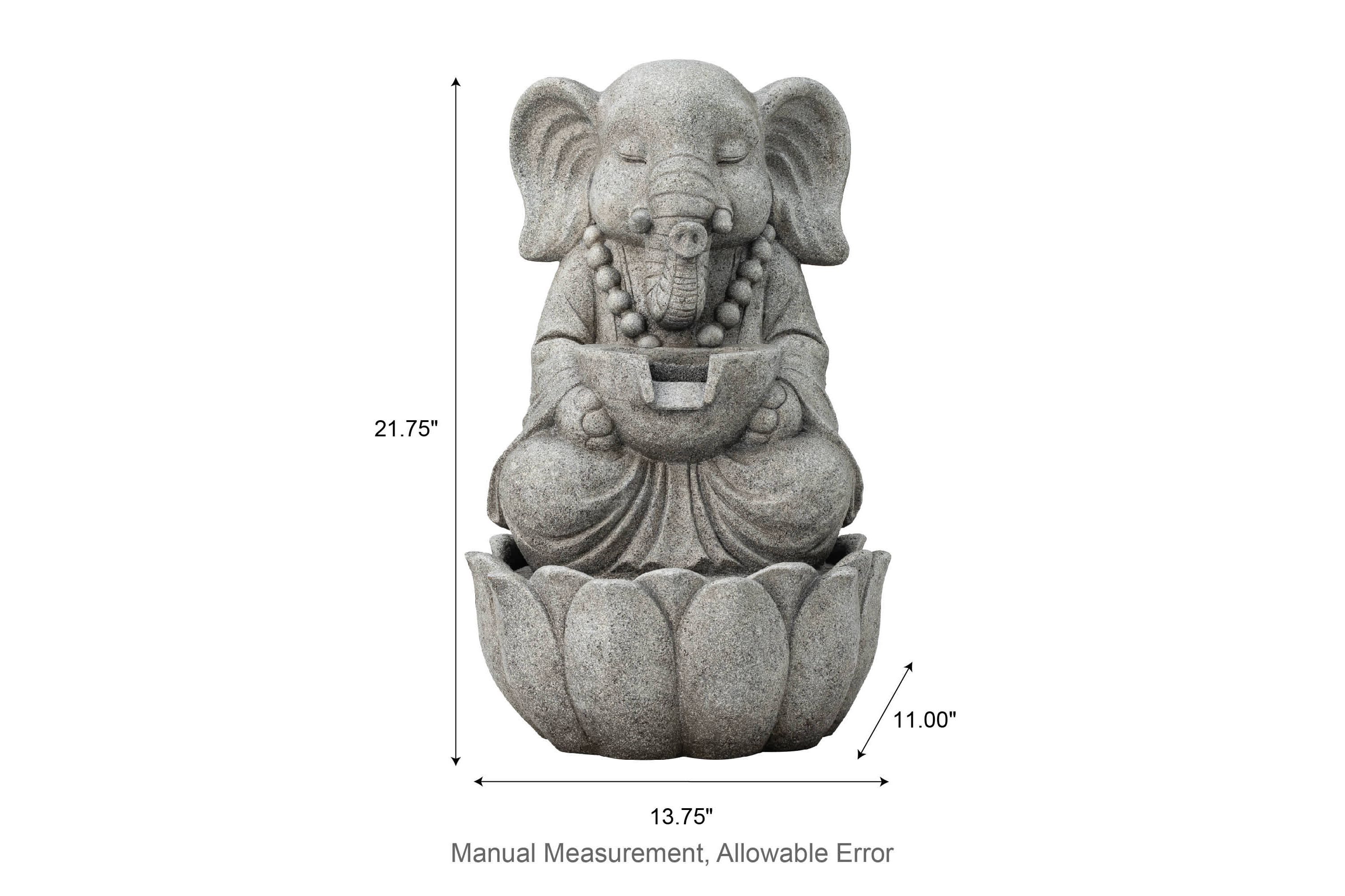 21.75"H 2-Tiered Zen-Style Concrete Elephant Polyresin Outdoor Fountain with Pump and LED Light (KD)