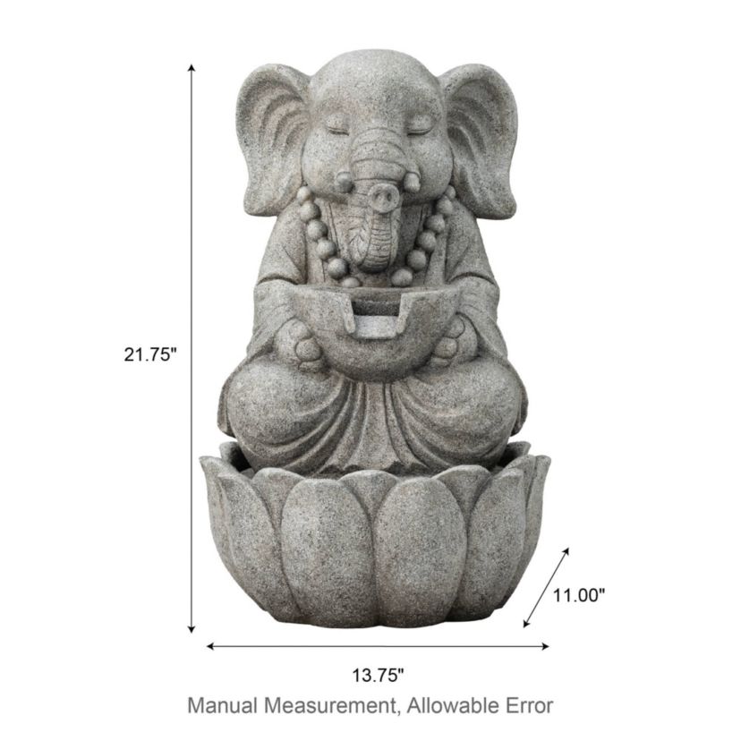 21.75"H 2-Tiered Zen-Style Concrete Elephant Polyresin Outdoor Fountain with Pump and LED Light (KD)