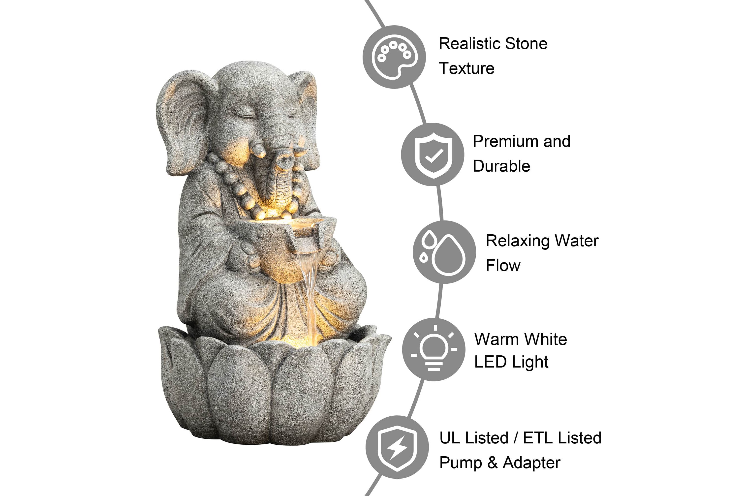 21.75"H 2-Tiered Zen-Style Concrete Elephant Polyresin Outdoor Fountain with Pump and LED Light (KD)