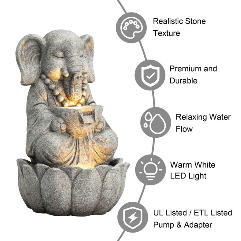 21.75"H 2-Tiered Zen-Style Concrete Elephant Polyresin Outdoor Fountain with Pump and LED Light (KD)