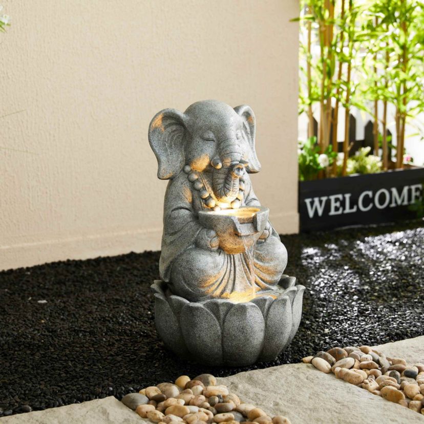 21.75"H 2-Tiered Zen-Style Concrete Elephant Polyresin Outdoor Fountain with Pump and LED Light (KD)