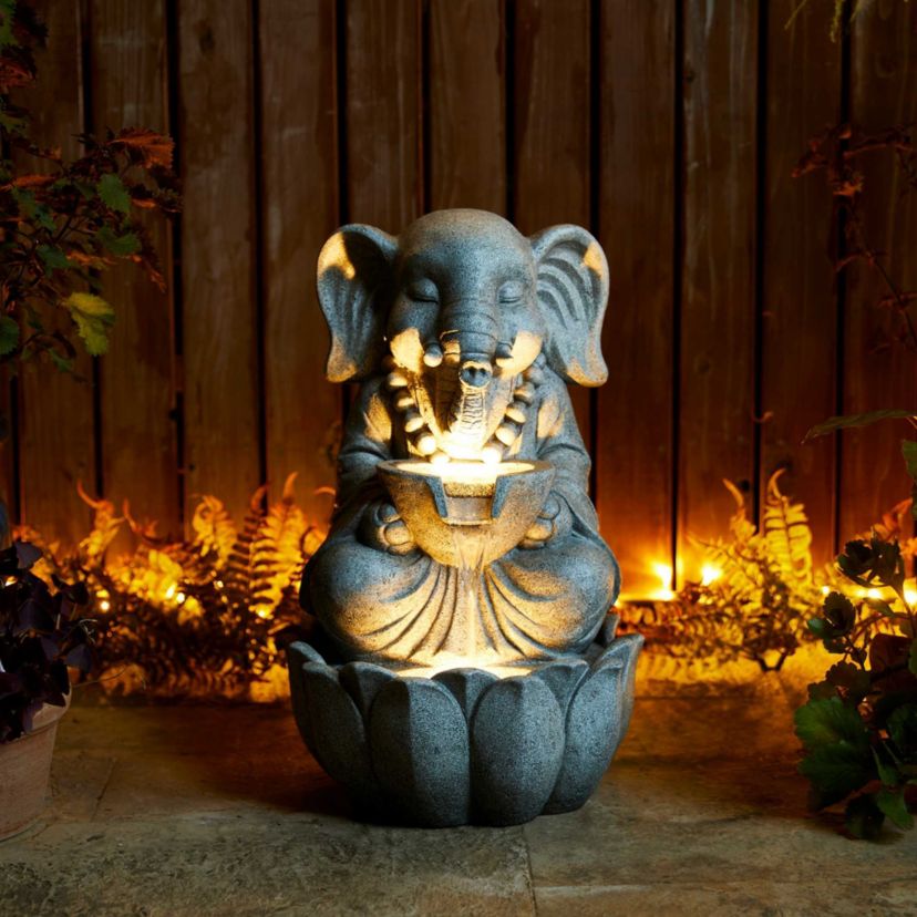 21.75"H 2-Tiered Zen-Style Concrete Elephant Polyresin Outdoor Fountain with Pump and LED Light (KD)