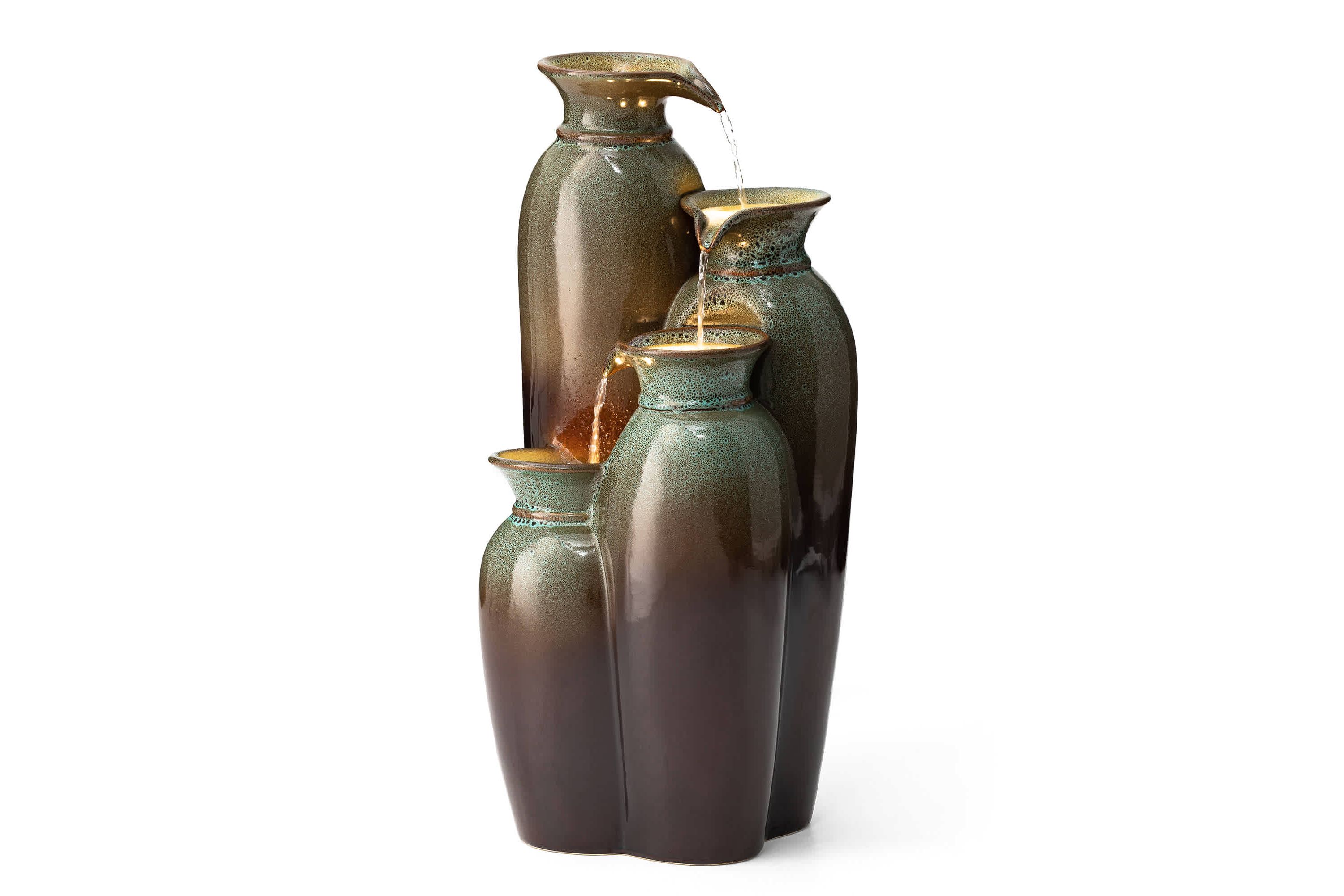 30.75"H 4-Tiered Olive Green and Brown Reactive Glaze Ceramic Vase Outdoor Floor Fountain with Pump and LED Light (KD)
