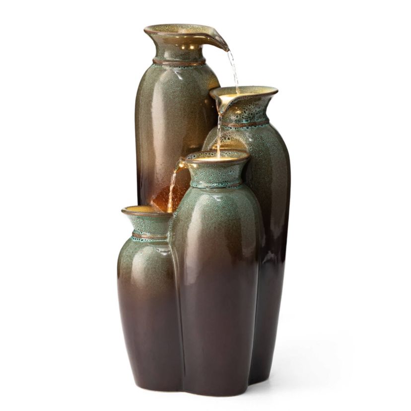 30.75"H 4-Tiered Olive Green and Brown Reactive Glaze Ceramic Vase Outdoor Floor Fountain with Pump and LED Light (KD)