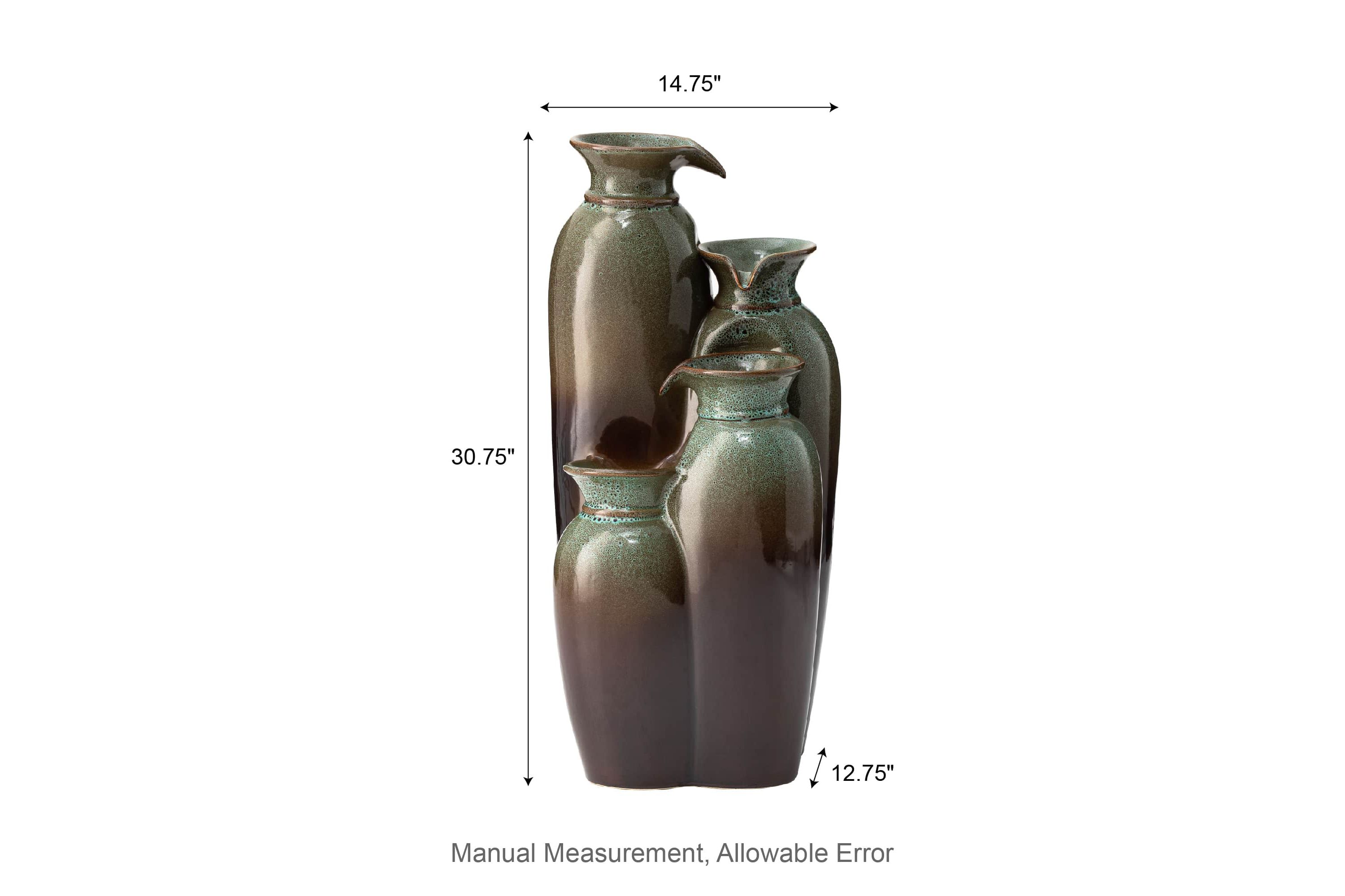 30.75"H 4-Tiered Olive Green and Brown Reactive Glaze Ceramic Vase Outdoor Floor Fountain with Pump and LED Light (KD)