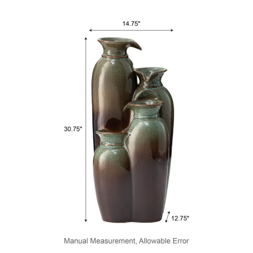 30.75"H 4-Tiered Olive Green and Brown Reactive Glaze Ceramic Vase Outdoor Floor Fountain with Pump and LED Light (KD)
