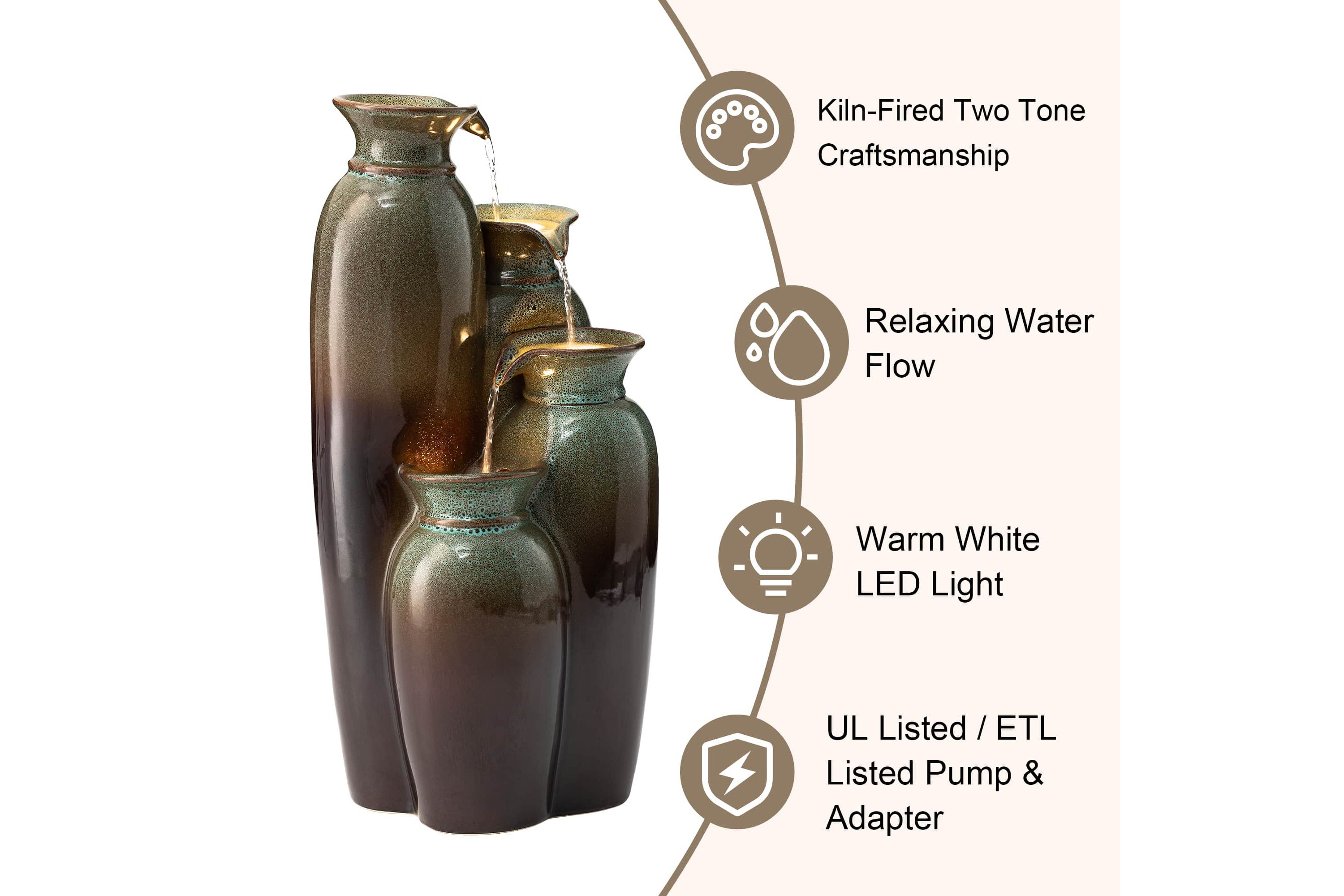 30.75"H 4-Tiered Olive Green and Brown Reactive Glaze Ceramic Vase Outdoor Floor Fountain with Pump and LED Light (KD)