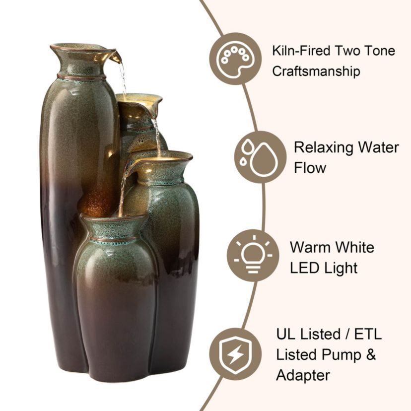 30.75"H 4-Tiered Olive Green and Brown Reactive Glaze Ceramic Vase Outdoor Floor Fountain with Pump and LED Light (KD)