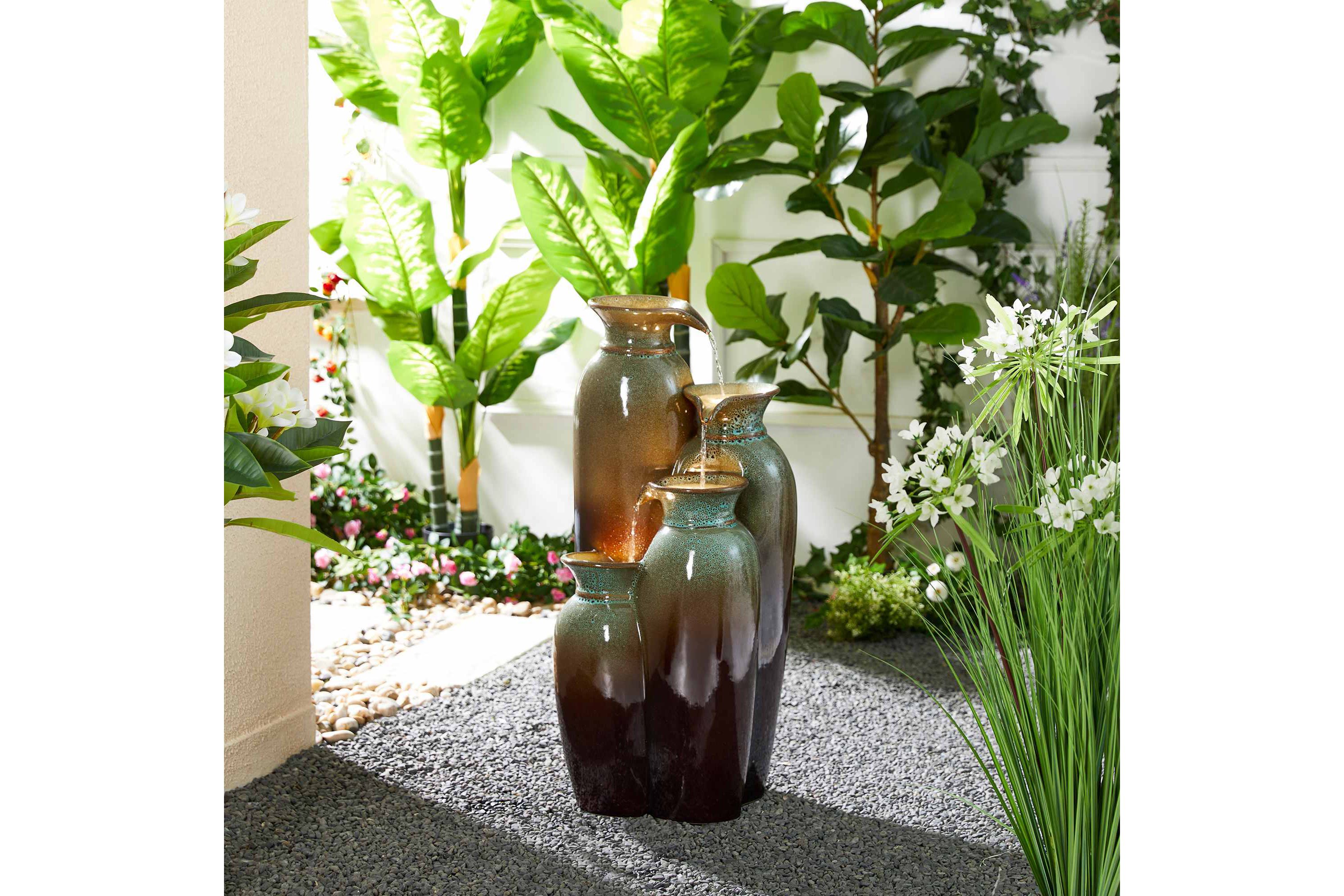 30.75"H 4-Tiered Olive Green and Brown Reactive Glaze Ceramic Vase Outdoor Floor Fountain with Pump and LED Light (KD)