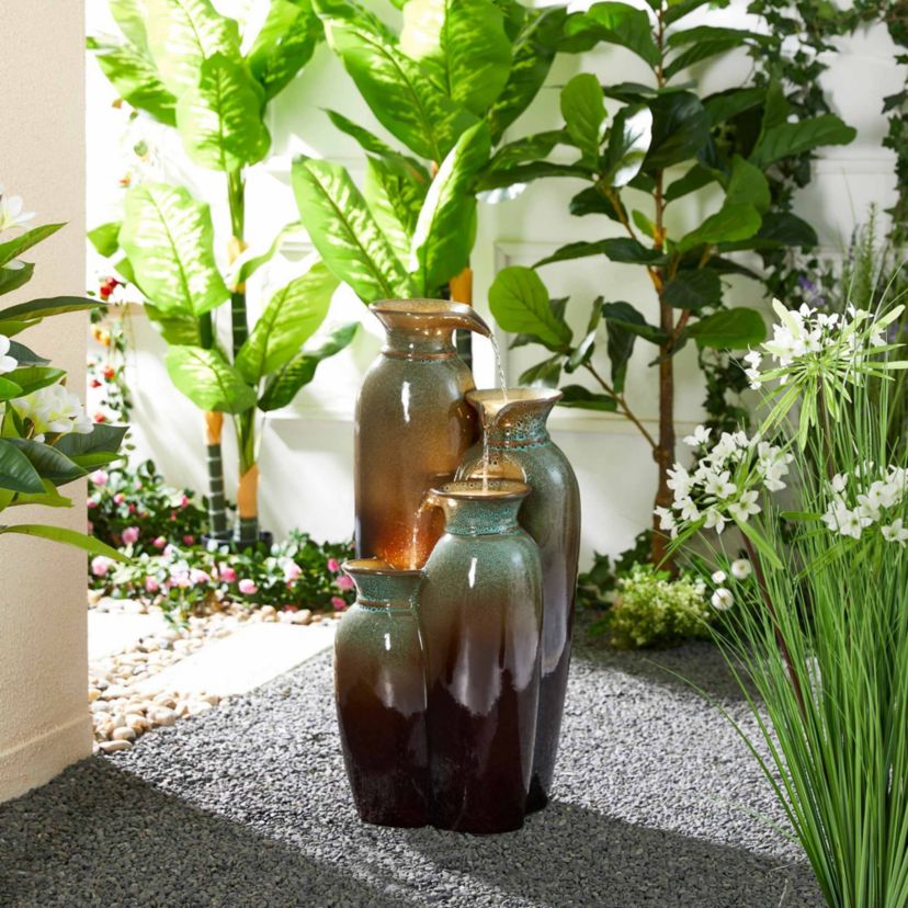 30.75"H 4-Tiered Olive Green and Brown Reactive Glaze Ceramic Vase Outdoor Floor Fountain with Pump and LED Light (KD)