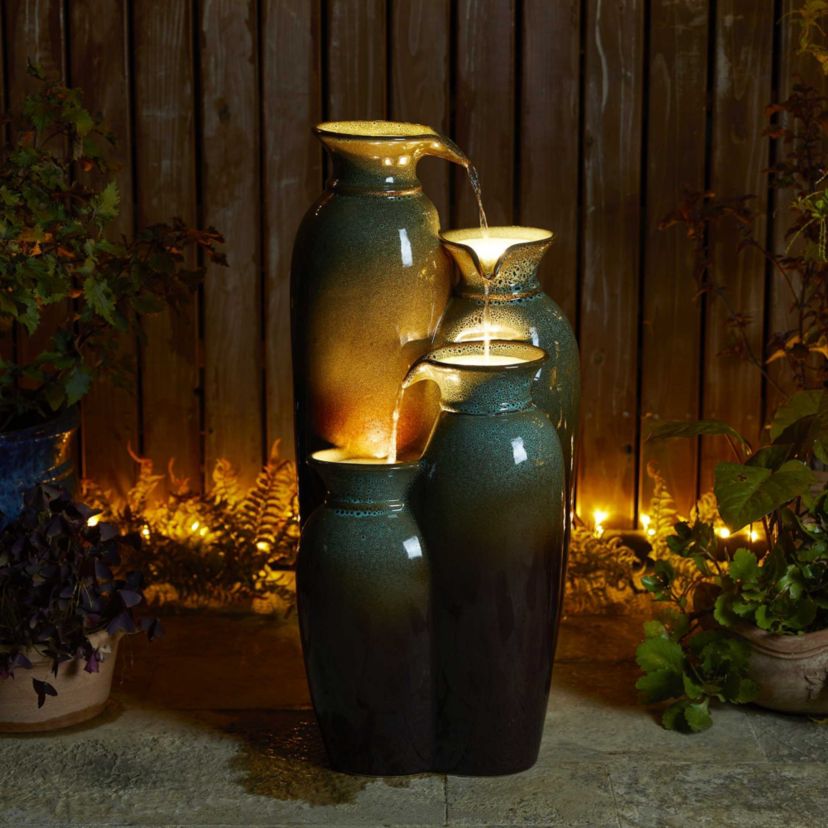 30.75"H 4-Tiered Olive Green and Brown Reactive Glaze Ceramic Vase Outdoor Floor Fountain with Pump and LED Light (KD)