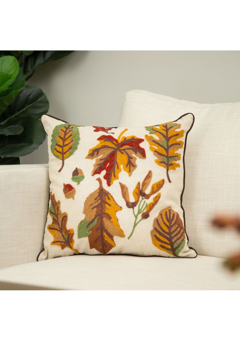 Fall Embroidered Leaves Pillow