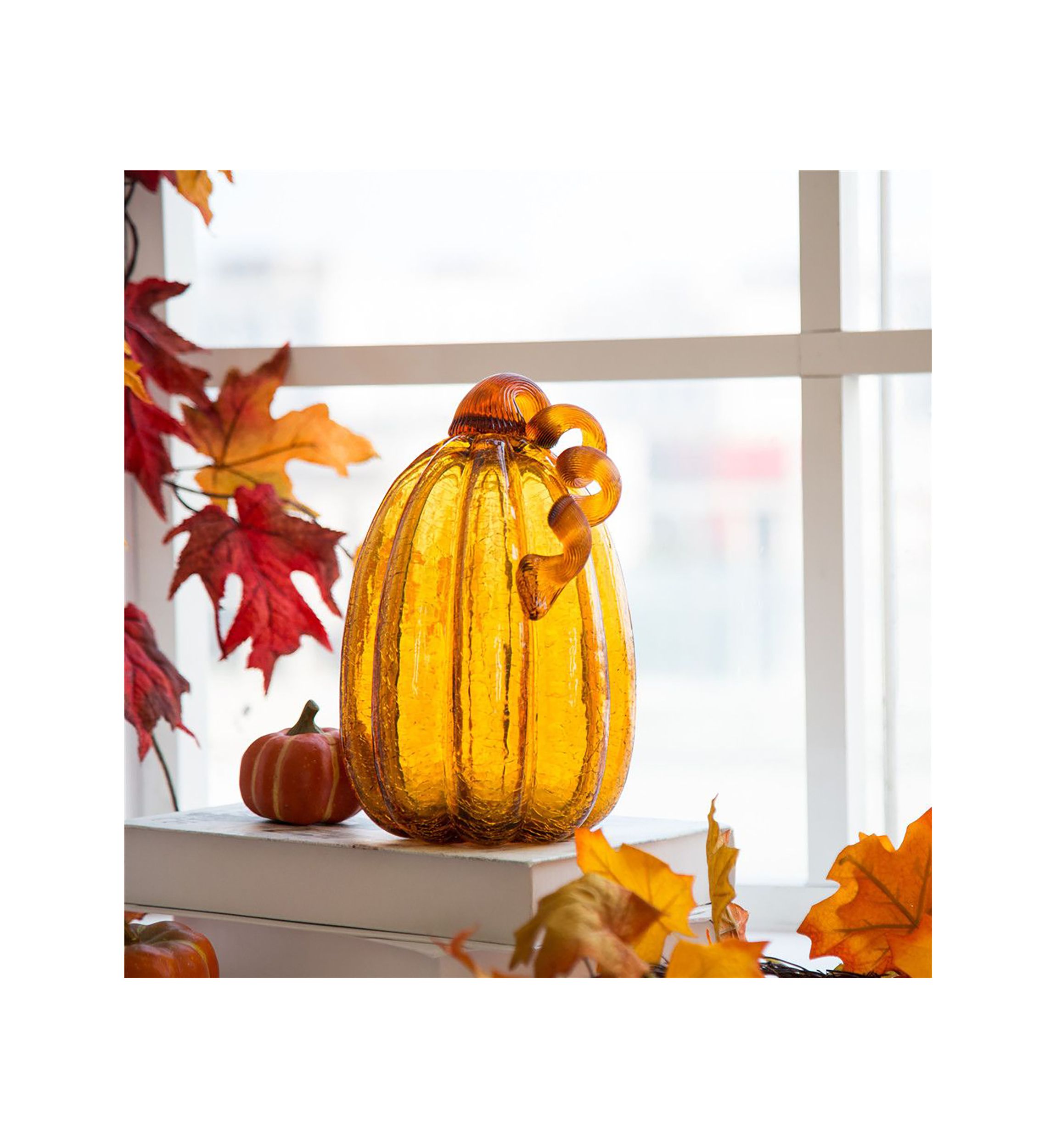 Amber Crackle Tall Glass Pumpkin