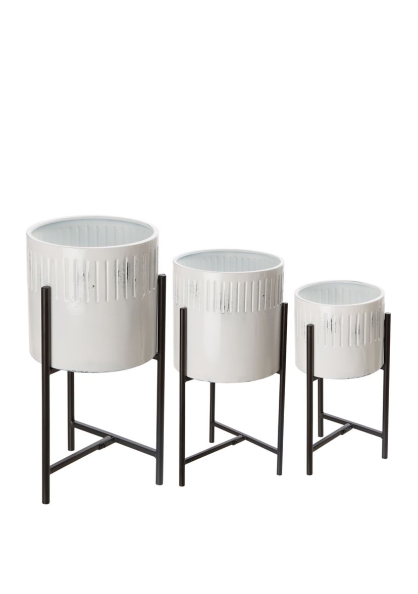 Set of 3 Washed White Metal Plant Stands