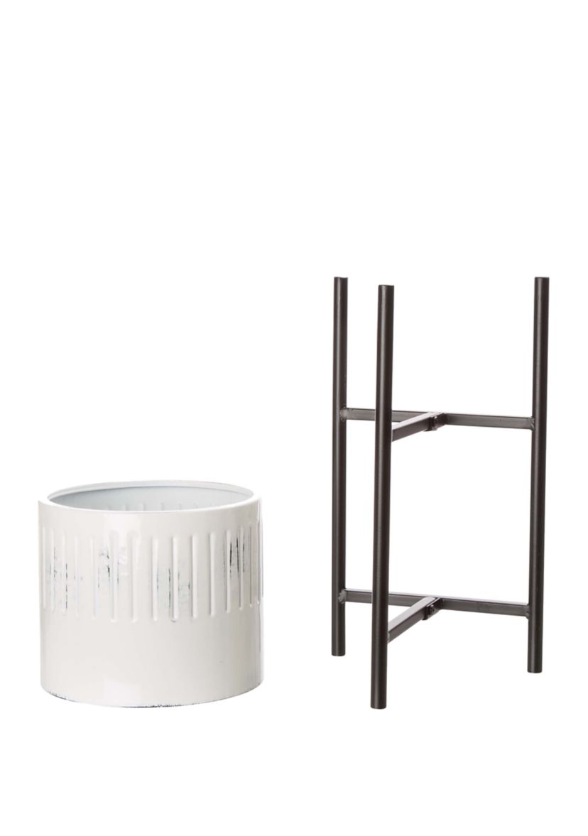 Set of 3 Washed White Metal Plant Stands