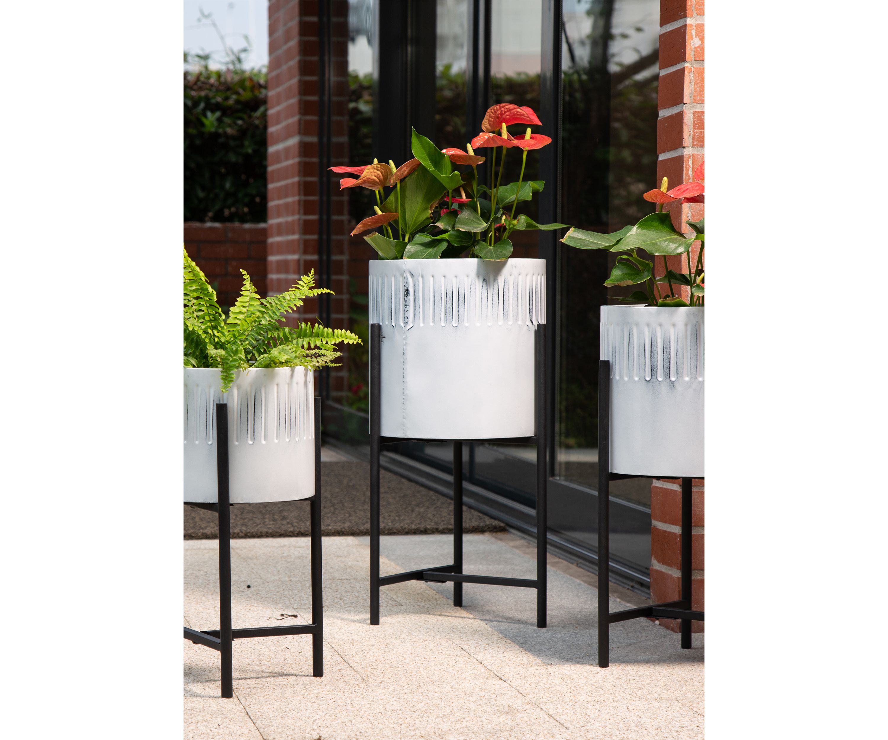 Set of 3 Washed White Metal Plant Stands