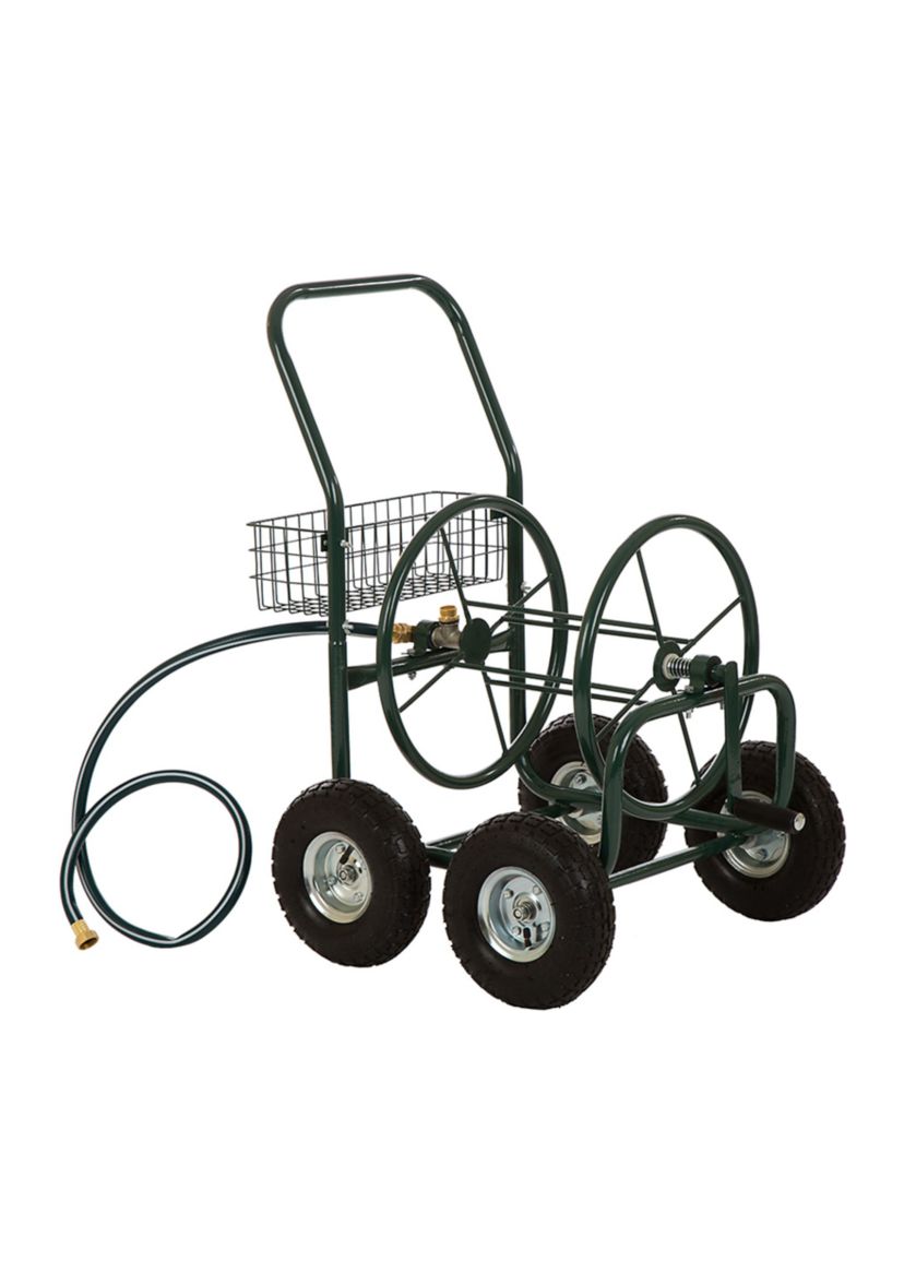 Green Steel 4-Wheel Garden Hose Reel Cart