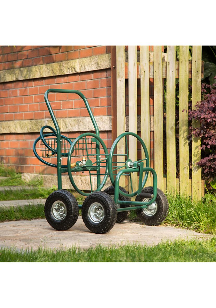 Green Steel 4-Wheel Garden Hose Reel Cart