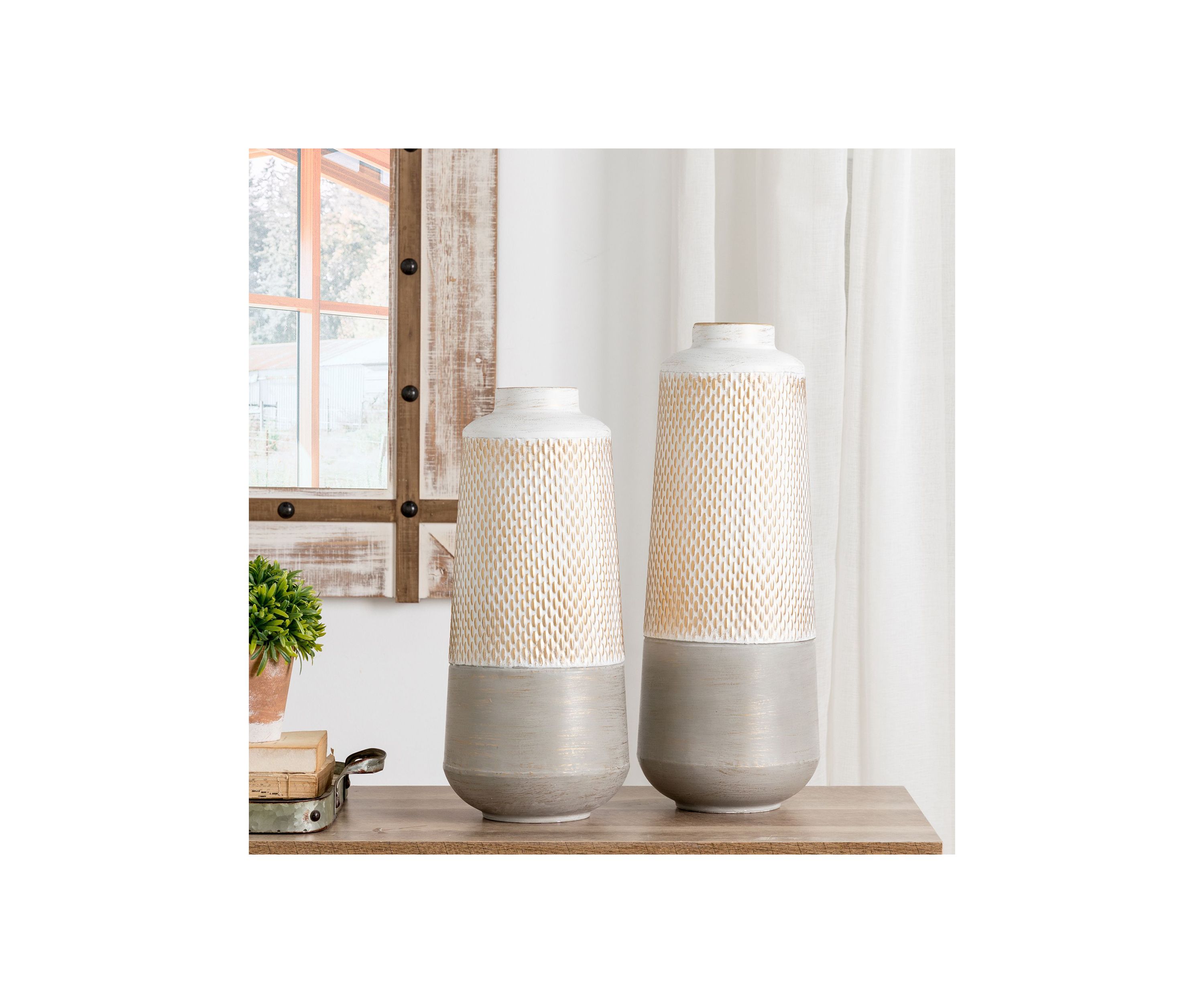 Set of 2 Vintage Textured Metal Table Vases