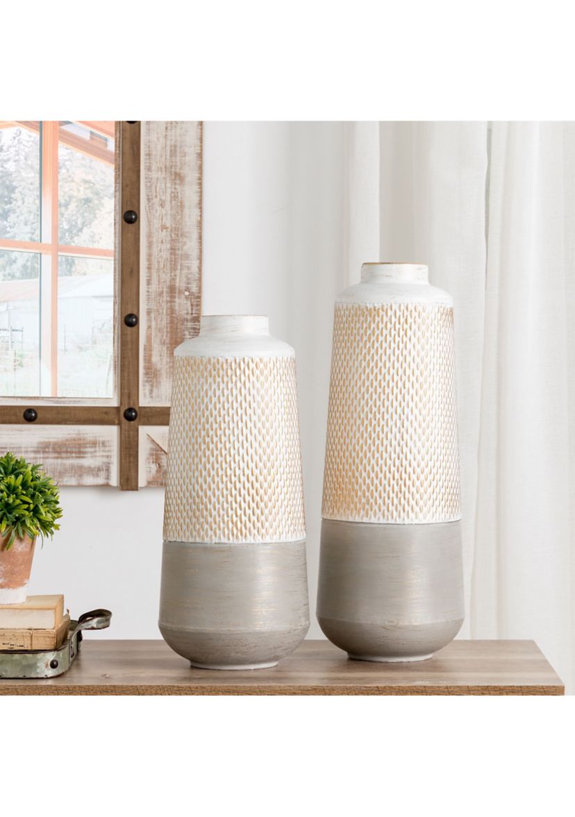 Set of 2 Vintage Textured Metal Table Vases