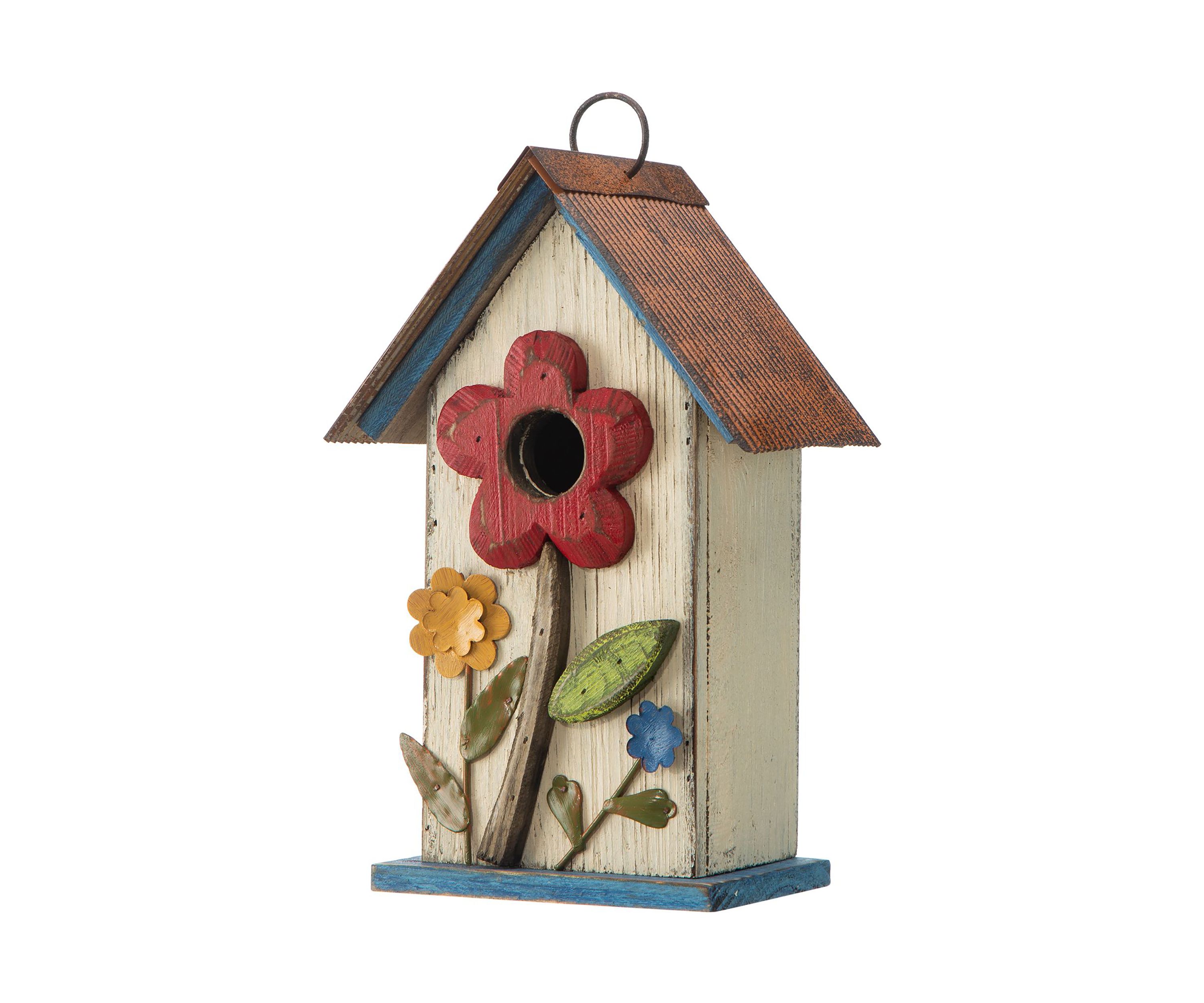Retro Solid Wood Birdhouse with 3D Flowers
