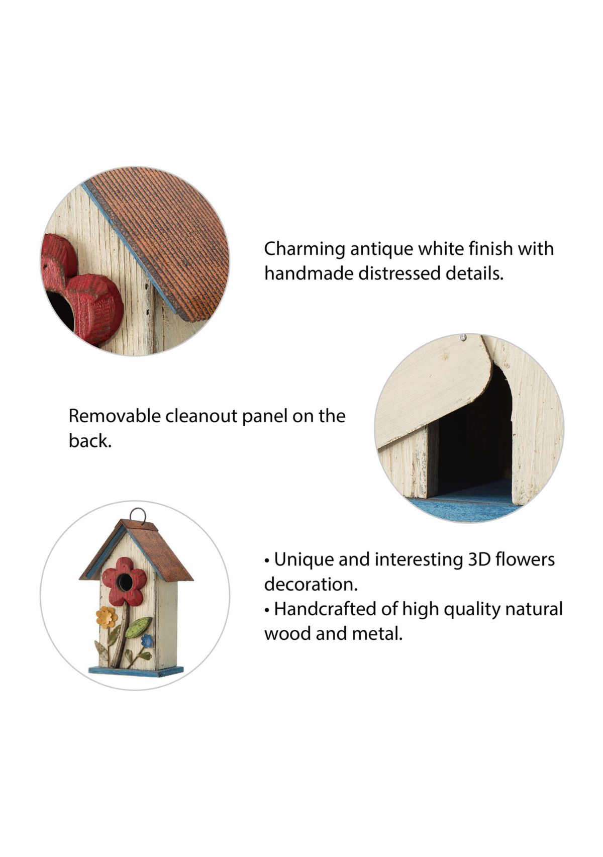 Retro Solid Wood Birdhouse with 3D Flowers