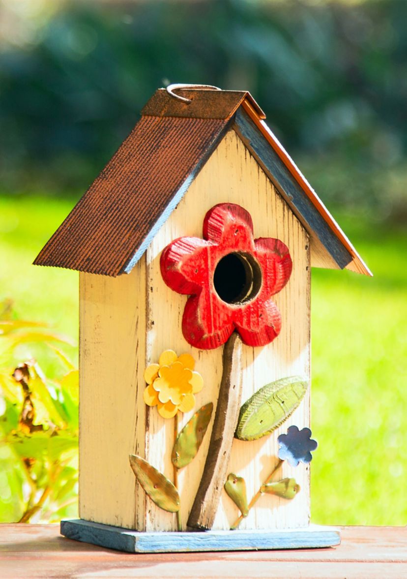 Retro Solid Wood Birdhouse with 3D Flowers