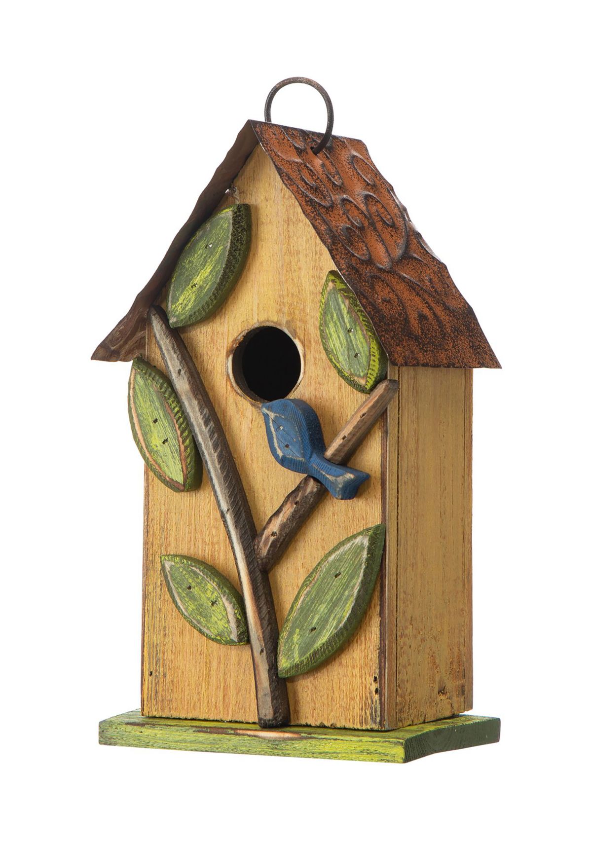 Distressed Solid Wood Birdhouse with 3D Tree and Bird
