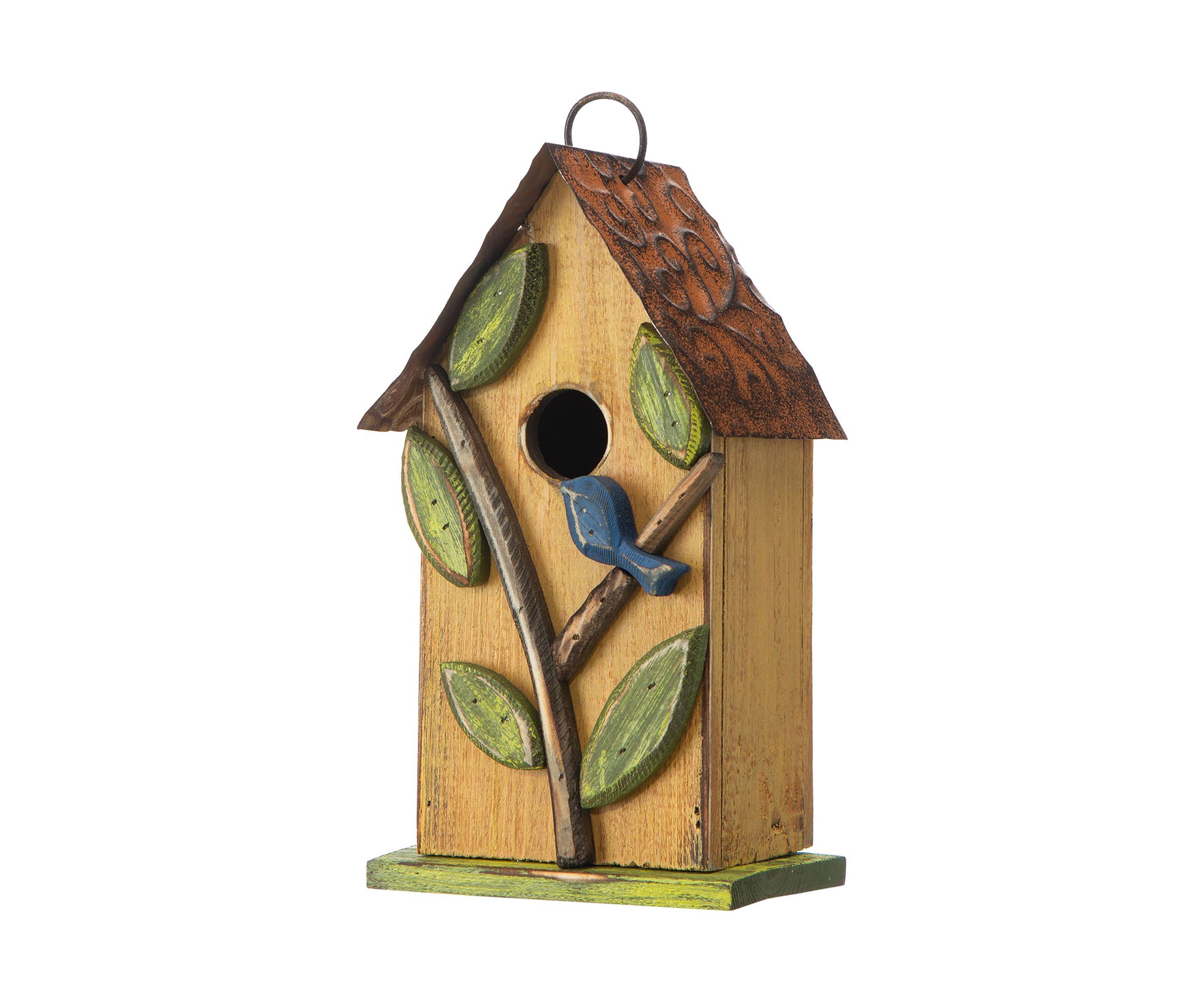 Distressed Solid Wood Birdhouse with 3D Tree and Bird
