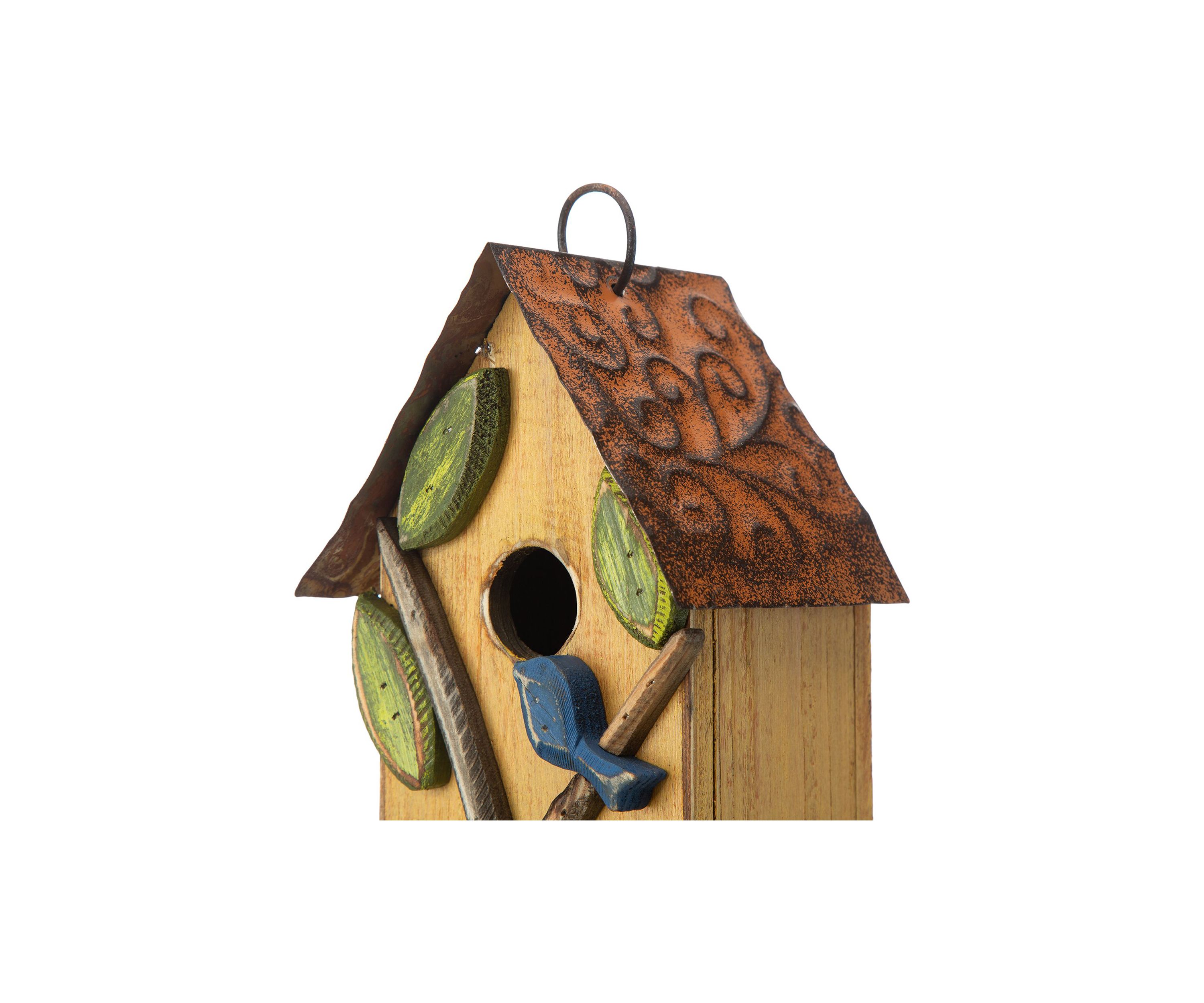Distressed Solid Wood Birdhouse with 3D Tree and Bird