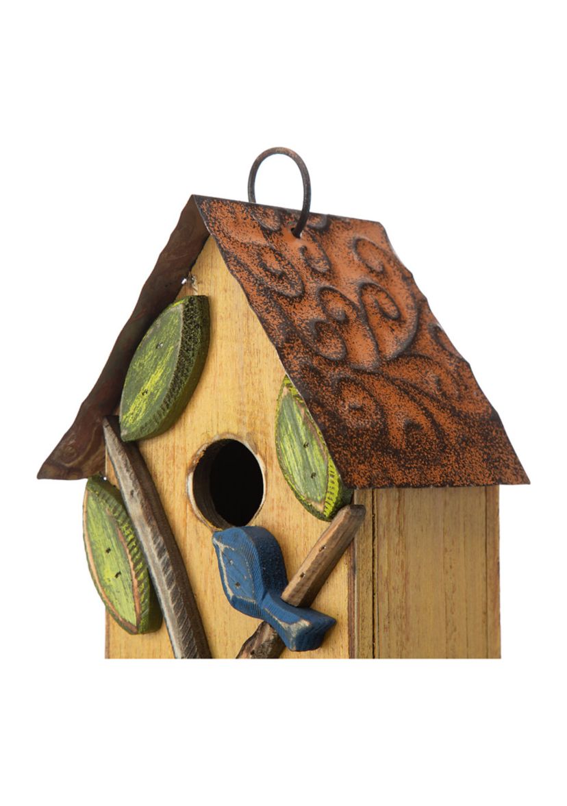 Distressed Solid Wood Birdhouse with 3D Tree and Bird