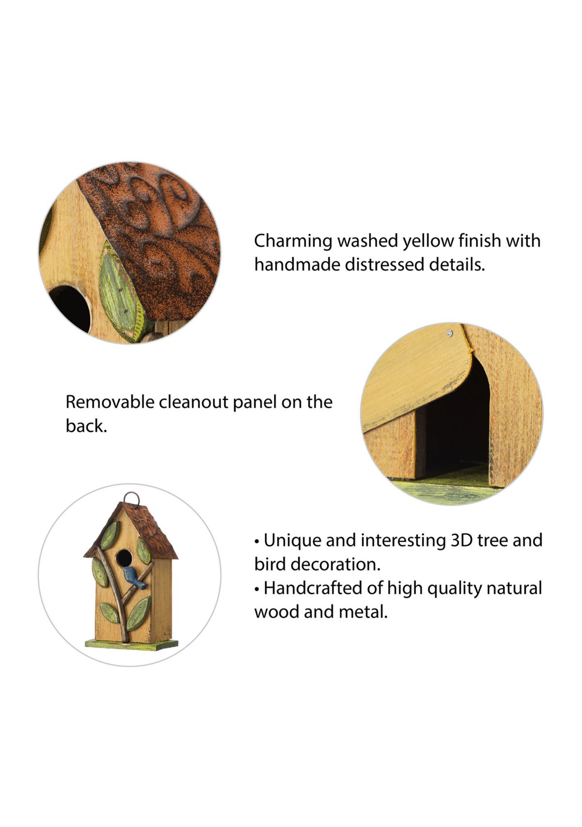 Distressed Solid Wood Birdhouse with 3D Tree and Bird