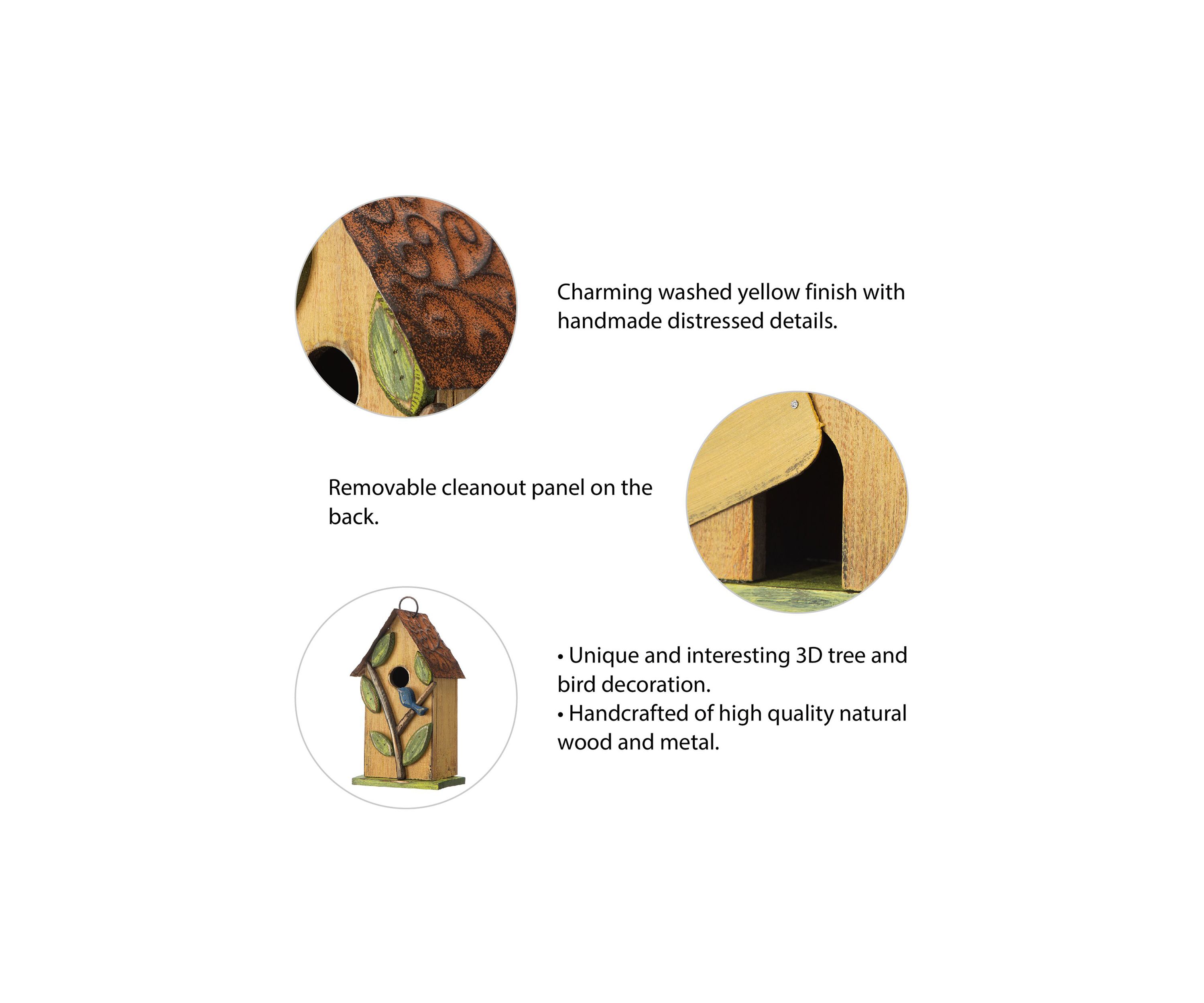 Distressed Solid Wood Birdhouse with 3D Tree and Bird