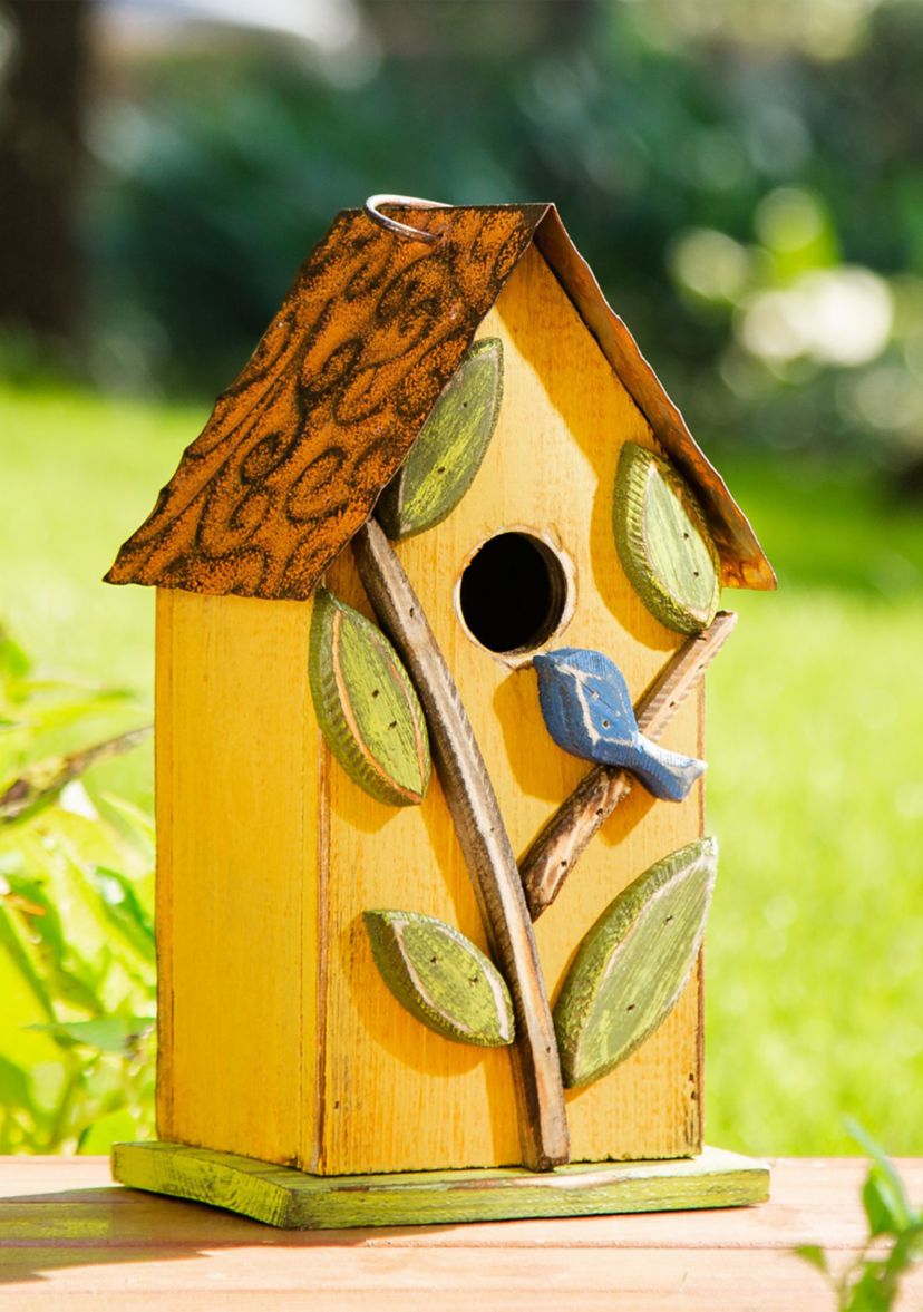 Distressed Solid Wood Birdhouse with 3D Tree and Bird