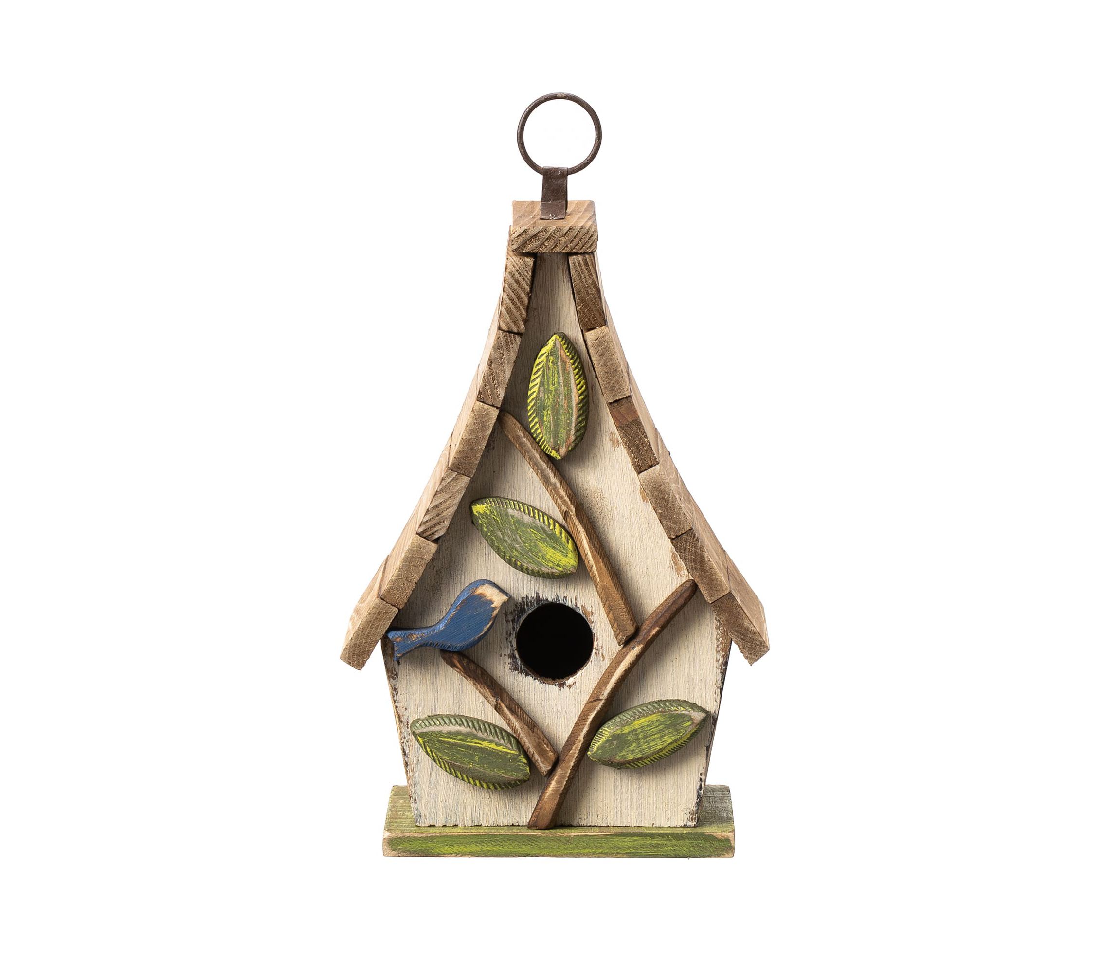 9.5H Washed White Distressed Solid Wood Decorative Outdoor Garden Birdhouse with Natural Wood Pallet Roof and 3D Tree