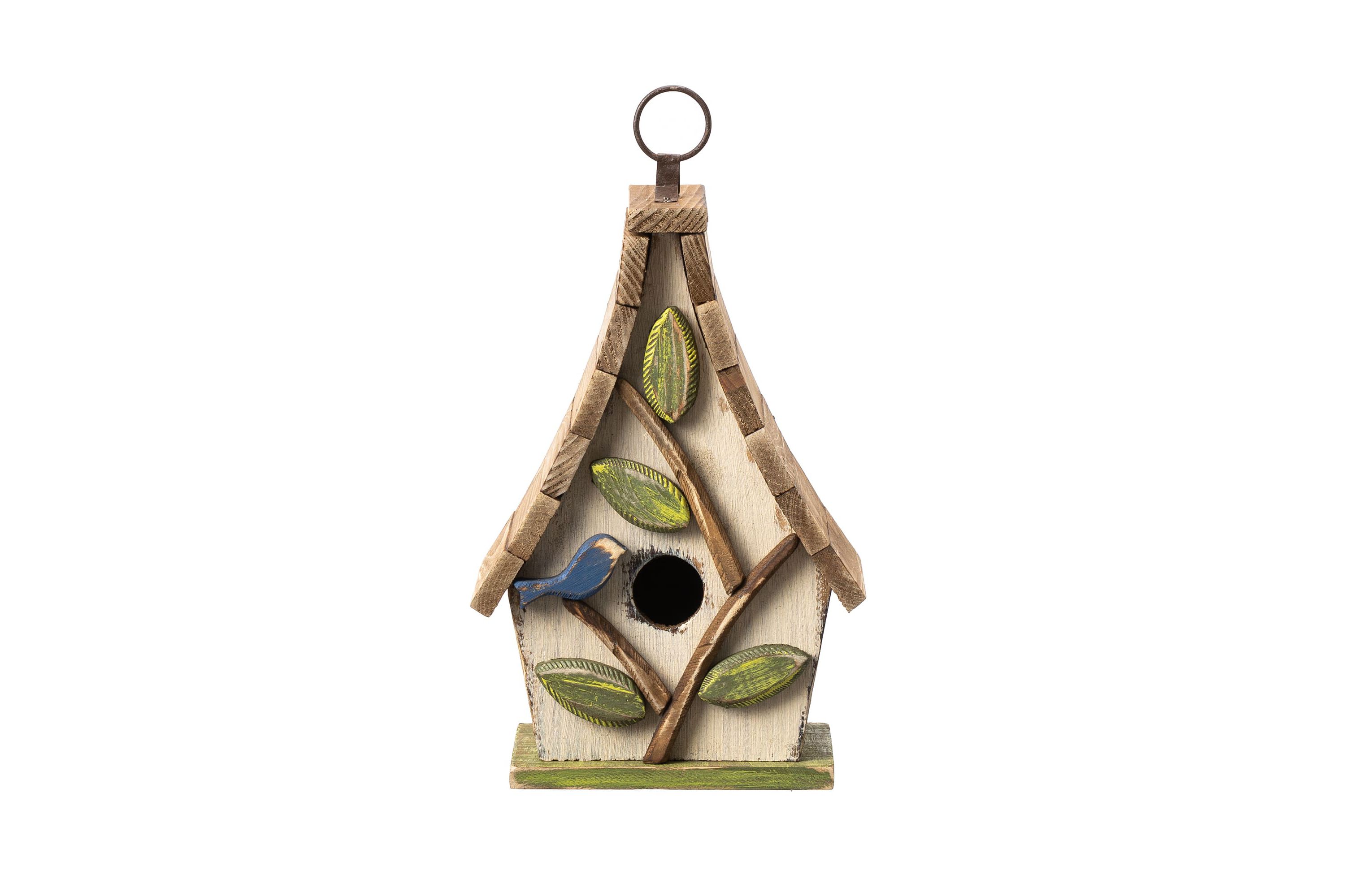 9.5H Washed White Distressed Solid Wood Decorative Outdoor Garden Birdhouse with Natural Wood Pallet Roof and 3D Tree